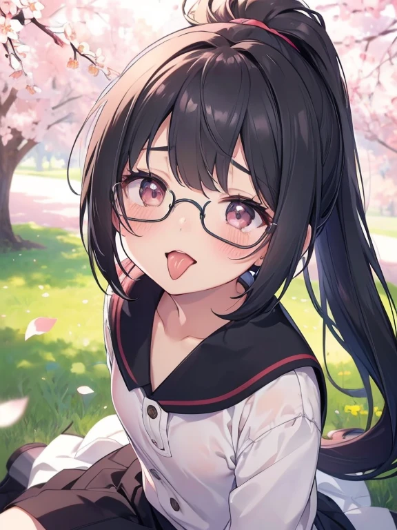 ultra-detailliert, Best Quality, hight resolution, moe-anime, ((A petite, black-haired girl with a big face and cute droopy eyes wears round glasses and looks up.)), Pretty eyes, Detailed eye depiction, Eye sparkle, Looking at Viewer, pale skin, (((Petite))), (flat chest:1.4), (blush:1.2), (big eye:1.4), a smile, In the park where cherry blossoms dance, Focus on the face, long ponytail hair, sitting on, ((super close up of tongue)), (((from above))), open_mouth, (((face only:1.2))), ((naked)), nsfw, saliva