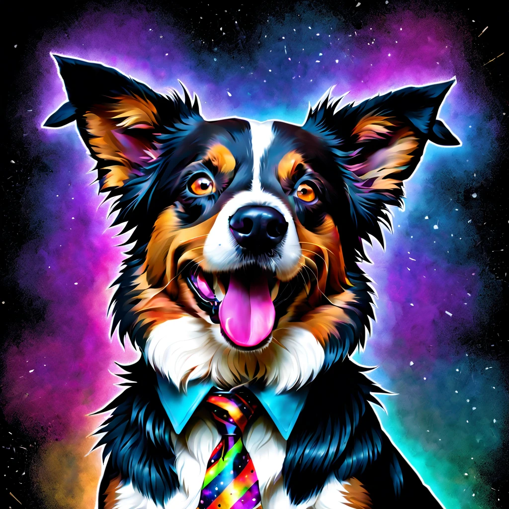Steampunk style art design, Digital effects, spatter, Eau, firey, lamp lights, paint spatter, 3d effect, arafed doggy with a colorful tie dye on its face, digital art critters photo, critters portrait, happy eautiful doggy head, border collie, (Hefty Smile),portrait of doggy, painting of cute doggy, color portrait, portrait of a doggy, Full-color digital art, anthropomorphic doggy, Colorful, portrait of a lisa frank, Photoshop art, pet critters, without humans, critters focus, doggy, critters, Brown eyes, actual, looking at viewert, with her mouth open, with black background, As estrelas (Skysky), Alone, Tongue stock, (Artist Ulise Aldrovandi (Ulisse Aldrovandi):1.3),(Cyberpunk art of a:1.3) . antiquarian, Mechanical, Brass and copper tones, gear wheel, iintricate, detailed