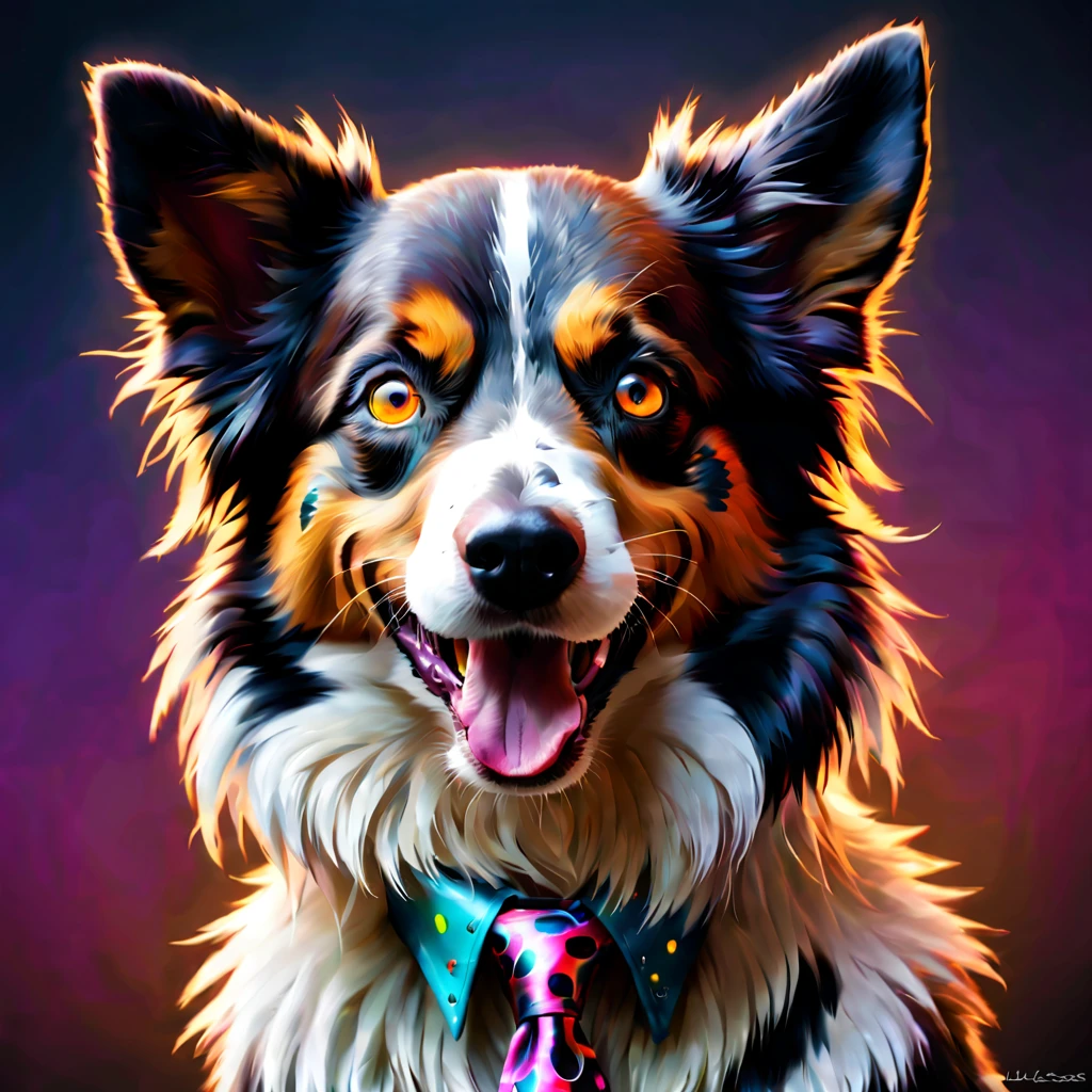 Steampunk style art design, Digital effects, spatter, Eau, firey, lamp lights, paint spatter, 3d effect, arafed doggy with a colorful tie dye on its face, digital art critters photo, critters portrait, happy eautiful doggy head, border collie, (Hefty Smile),portrait of doggy, painting of cute doggy, color portrait, portrait of a doggy, Full-color digital art, anthropomorphic doggy, Colorful, portrait of a lisa frank, Photoshop art, pet critters, without humans, critters focus, doggy, critters, Brown eyes, actual, looking at viewert, with her mouth open, with black background, As estrelas (Skysky), Alone, Tongue stock, (Artist Ulise Aldrovandi (Ulisse Aldrovandi):1.3),(Cyberpunk art of a:1.3) . antiquarian, Mechanical, Brass and copper tones, gear wheel, iintricate, detailed
