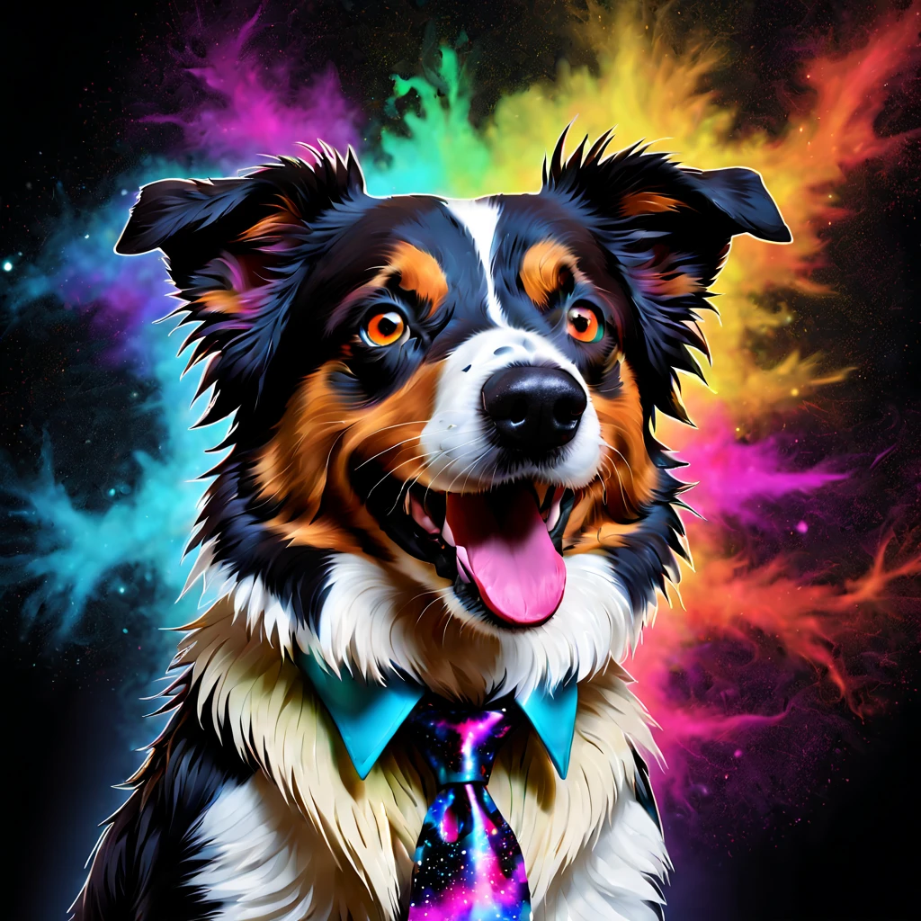 Steampunk style art design, Digital effects, spatter, Eau, firey, lamp lights, paint spatter, 3d effect, arafed doggy with a colorful tie dye on its face, digital art critters photo, critters portrait, happy eautiful doggy head, border collie, (Hefty Smile),portrait of doggy, painting of cute doggy, color portrait, portrait of a doggy, Full-color digital art, anthropomorphic doggy, Colorful, portrait of a lisa frank, Photoshop art, pet critters, without humans, critters focus, doggy, critters, Brown eyes, actual, looking at viewert, with her mouth open, with black background, As estrelas (Skysky), Alone, Tongue stock, (Artist Ulise Aldrovandi (Ulisse Aldrovandi):1.3),(Cyberpunk art of a:1.3) . antiquarian, Mechanical, Brass and copper tones, gear wheel, iintricate, detailed