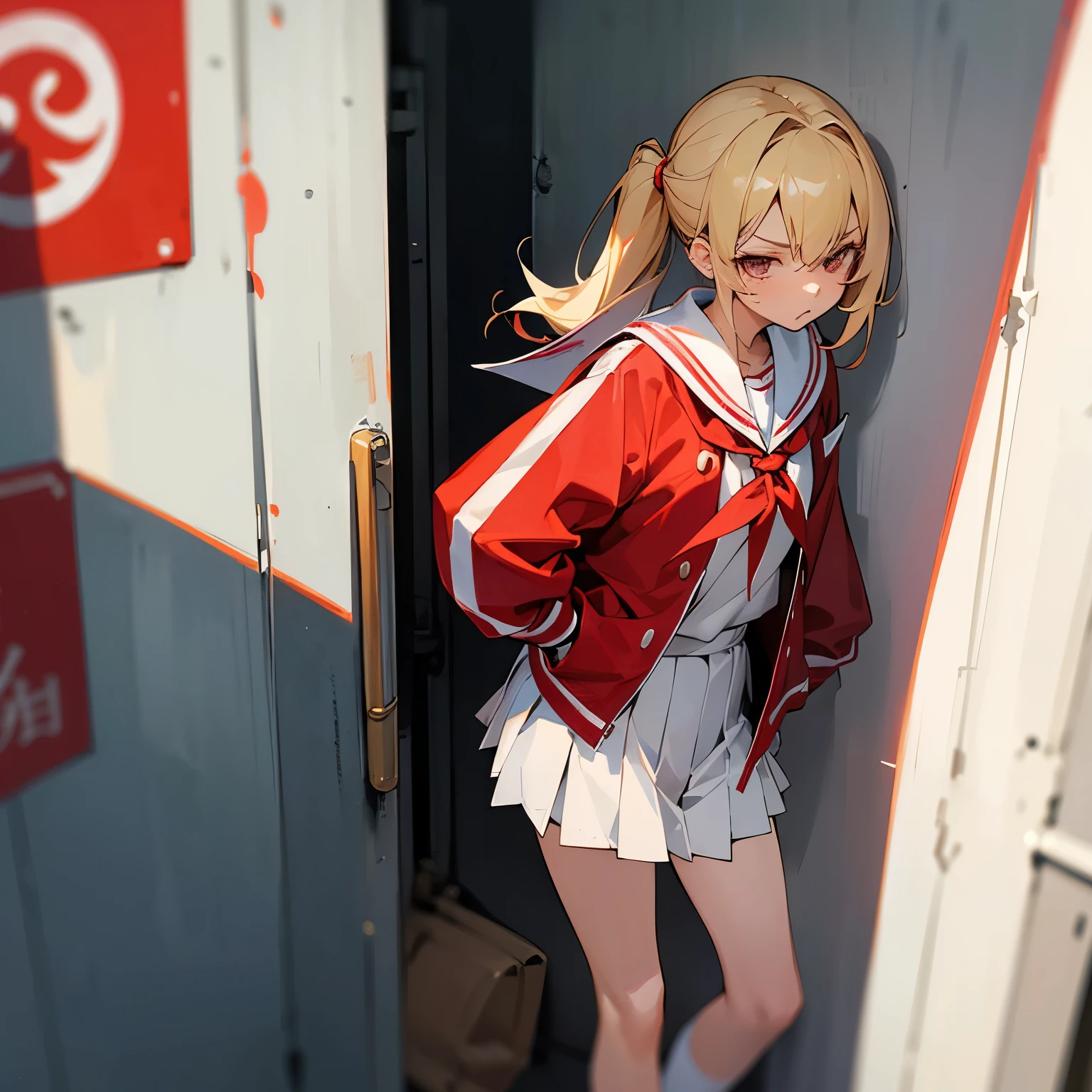 Flow the right half of the hair back、a blond、Bad girl、Bad eyes、glares、Red jersey jacket、a sailor suit、a miniskirt、Long Muffler、hands in the pocket、Leaning against the wall、White breath、yuki、street