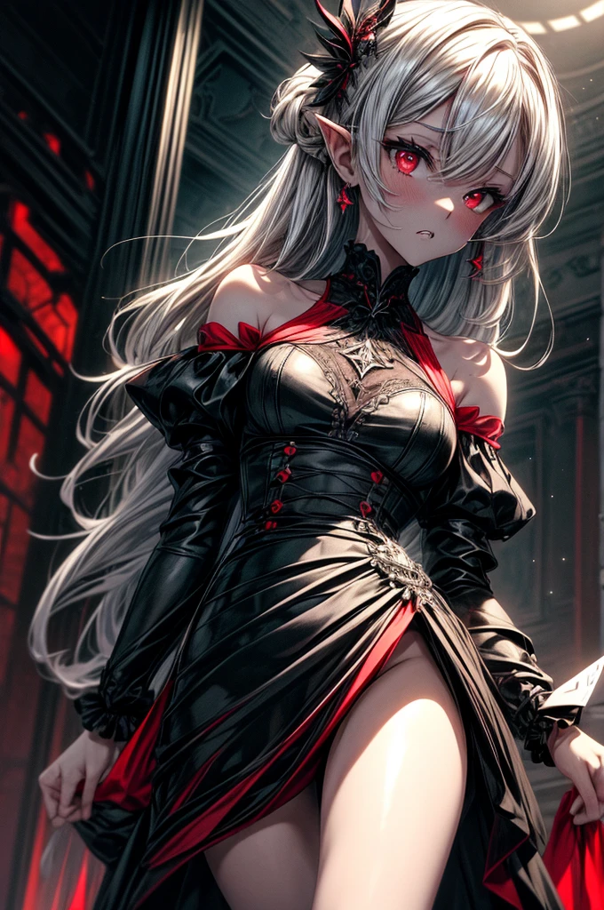 ((Best Quality, 8K, Masterpiece)), ((1woman, petite)), flat color, limited palette, Perfectly Cute Girl, Delicate and smooth skin, Realistic skin, Perfect Beautiful Face, Perfect and Cute Face, (POV POV, View from below), short messy white hair, elf ears, sharp fangs, disgusted expression, open mouth, cringing, glowing red eyes, skull hairpin, ornate black dress, fully clothed, dark aura, black and red, two tone, dark hue, red hue, high contrast, dark lighting1girl, male masturbation, pov hands, penis, blonde hair, wariza, projectile cum,
cum, surprised, leaning,, masterpiece, best quality, highly detailed
