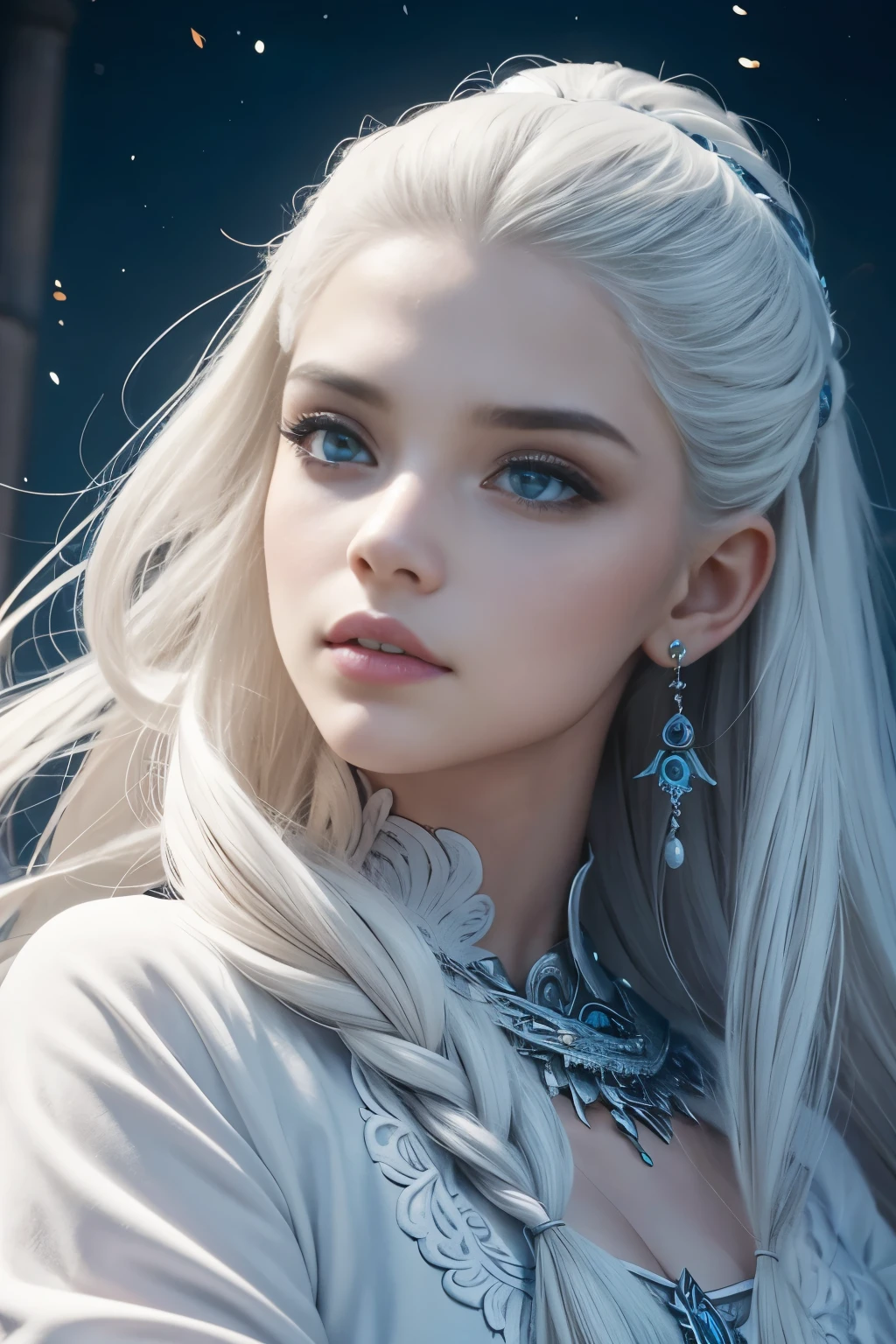 Un clerigo humano mujer, con piel blanca, rostro delicado, con pocas pecas en las mejillas, de cabello blanco con algunos mechones azules, que tenga algunos rasgos albinos y que porte una armadura de tela, estilo cartoon, en un mundo de fantasia de calabozos y dragones