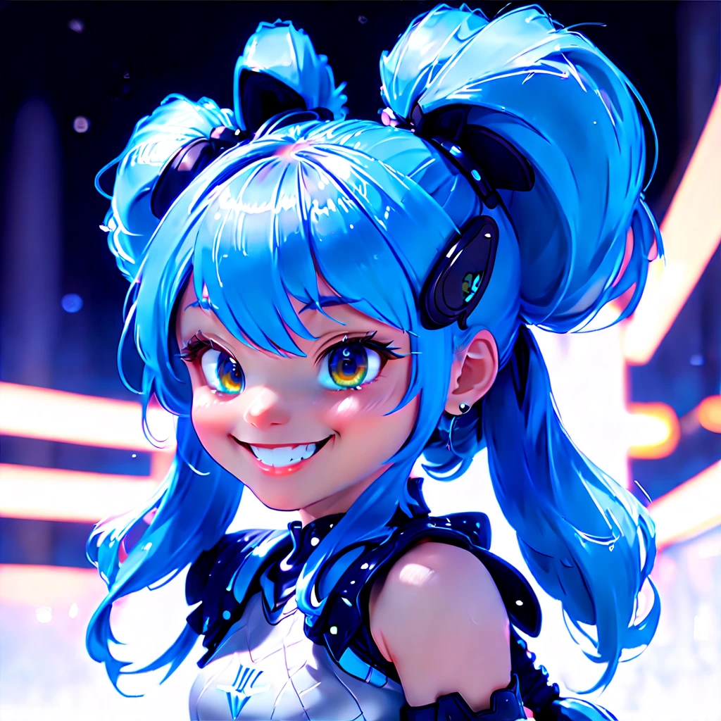 (closeup of face: 1.8), 3D character rendering，(Vector illustration style)，((1 girl，(Blue double ponytail: 1.5)，Blue braids，(Laugh:1.8)，future warrior))，((Hairstyling design：Brilliant deep blue，添加一些with light glowing的元素头饰，Such as orange photoelectric glasses or head-mounted displaypressive design：在面部装饰上添加一些with light glowing线条或橙色 LED 灯光效果，Laugh，grin face，Highlight the image of future warrior))，((starryskybackground，simplebackground)), Mecha Wings, The Art of Moon Encryption Wow, (Perspectives, first person perspective, Ghibli-style colors, with light glowing, 电影灯光, hyper HD, tmasterpiece, acurate, Anatomically correct, ctextured skin, super detailing, high detal, high qulity, Award-Awarded, Best quality at best, 16k), Pop Mart blind box, 3 Rendering