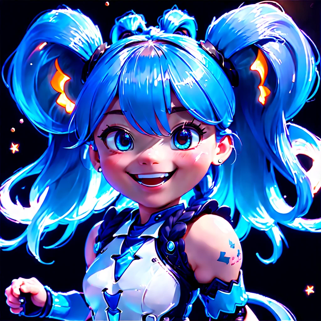 (closeup of face: 1.8), 3D character rendering,(Vector illustration style),((1 girl,(Blue double ponytail: 1.5),Blue braids,(Laugh:1.8),future warrior)),((Hairstyling design:Brilliant deep blue,添加一些with light glowing的元素头饰,Such as orange photoelectric glasses or head-mounted displaypressive design:在面部装饰上添加一些with light glowing线条或橙色 LED 灯光效果,Laugh,grin face,Highlight the image of future warrior)),((starryskybackground,simplebackground)), Mecha Wings, The Art of Moon Encryption Wow, (Perspectives, first person perspective, Ghibli-style colors, with light glowing, 电影灯光, hyper HD, tmasterpiece, acurate, Anatomically correct, ctextured skin, super detailing, high detal, high qulity, Award-Awarded, Best quality at best, 16k), Pop Mart blind box, 3 Rendering
