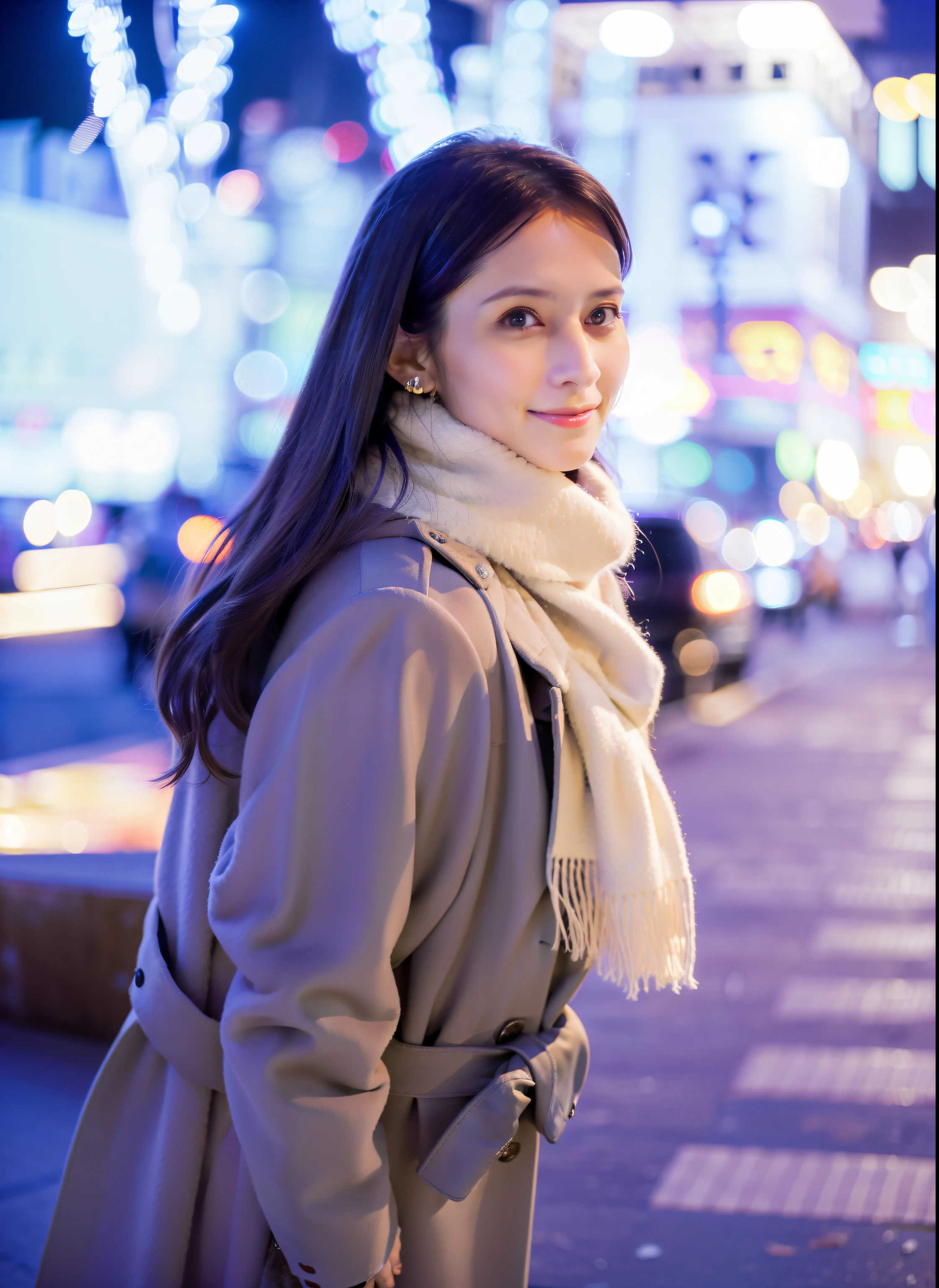 woman in a coat and scarF standing on a city street, portrait soFt low light, white scarF, shot in canon 50mm F/1.2, F / 1. 9 6. 8 1 mm iso 4 0, 7 0 mm portrait, 60mm portrait, Handsome Girl, mid shot portrait, wearing a white winter coat, medium portrait soFt light