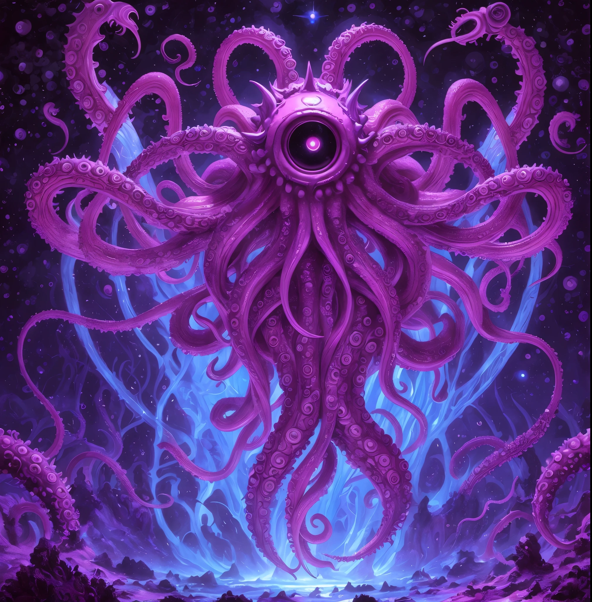a purple octopus with a big eye and tentacles in the ocean, Tentacles in the universe, Lovecraftian cosmic fear, mindflayer, tentacled creature mix, Criatura lovecraftiana, Criatura marina lovecraftiana, monstruo lovecraftiano, Azathoth, Lovecraftiano, Lovecraftian inspiration, Ilithid mind flayer