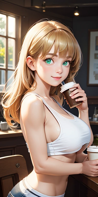 baby face, long gold hair,blunt bangs:1.5,messy hair:1.5, (photorealistic:1.4), (masterpiece, sidelights, exquisite beautiful eyes: 1.5), masterpieceportrait, realistic, 3D face,,kawaii face,front view: 1.5、 (glowing green eyes:1.2),plump face:1.5,(tareme:1.5)、(happy:1.5),Rosy Mouth,Slim Body,abs, shiny hair, shiny skin: 1.5、:1.3,solo,(stand)、(cutout between underboob and Tank top)、(charactor focus:1.5、portrait)、upper body,Drink coffee at Open Cafe