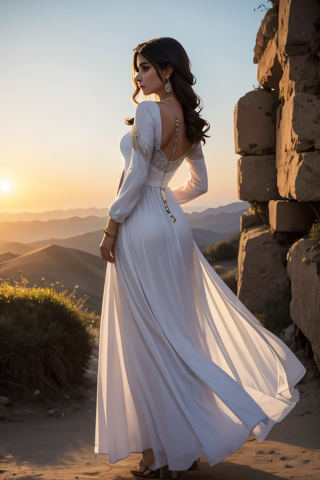 Modestly dressed armenian woman in white long beautiful dress sunrise at the back,jewelry