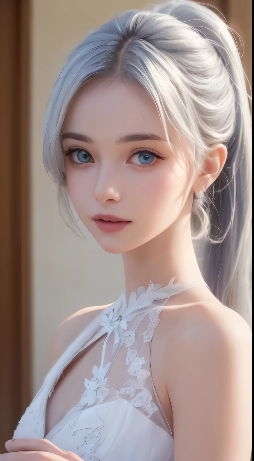 Gorgeous portrait of the most beautiful young woman in the world,Sky blue eyes,white color hair,long whitr hair,High ponytail,Wearing a white embroidered dress,Open your mouth slightly,looking at you,gentle face,ssmile,tack sharp focus,hyper realistic skin,A detailed,A high resolution,Shot with the Canon EOS R7,wide angles,Perfect natural light,Head and torso,Fragile skin,flawless perfection