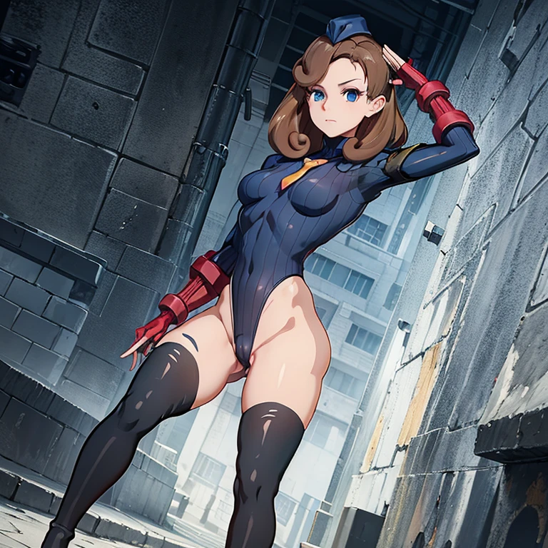 ultra-detailed, Explicit, Beautiful body, Beautiful Nose, Beautiful character design, perfect eyes, perfect face, ultra highres, 4K, beautiful legs, perfect legs, Nice hands, Perfect hand, Masterpiece, Best Quality, Highly detailed, illustration, absurdres, street fighter, doll suit, shadaloo doll, dollsuit, expressionless, blank eyes, looking at viewer, red gloves, emotionless, black latex, corrution, mind control, female combatant, full body, hypnotized, unhappy trance, full body suit, ribbed bodysuit, both arms at side, obey, perfect female body, extremely glossy latex, hypnosis, hypnoLora, empty eyes, Mind control device, poses, submissive_pose, Slave, hat, necktie, stand up straight, standing, standing at attention, hat, necktie, belt, latex, ribbed bodysuit, thighhighs, garter belt, Fighting Stance, extending the right arm from the shoulder into the air with a straightened hand, nazi saluting, military, military saluting, salute, thigh boots, 1girl, Katrielle Layton, Professor Layton, brown hair, long hair, blue eyes
