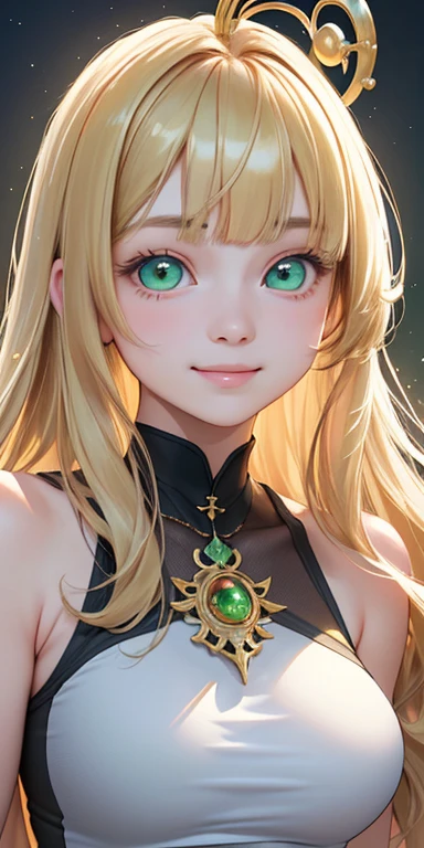 baby face, long gold hair,blunt bangs:1.5,messy hair:1.5, (photorealistic:1.4), (masterpiece, sidelights, exquisite beautiful eyes: 1.5), masterpiece*portrait, realistic, 3D face,,kawaii face,front view: 1.5、 (glowing green eyes:1.2),plump face:1.5,(tareme:1.5)、(happy:1.5),Rosy Mouth,Slim Body,abs, shiny hair, shiny skin: 1.5、large breasts:1.3,solo,(stand)、(cutout between underboob and Tank top)、(charactor focus:1.5、portrait)、upper body