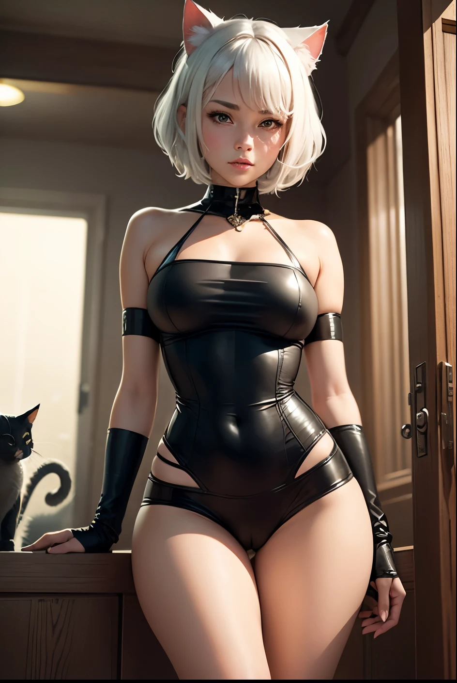 cute girl, girl with short white hair, cat ears, cat tail, white cat, In a cage