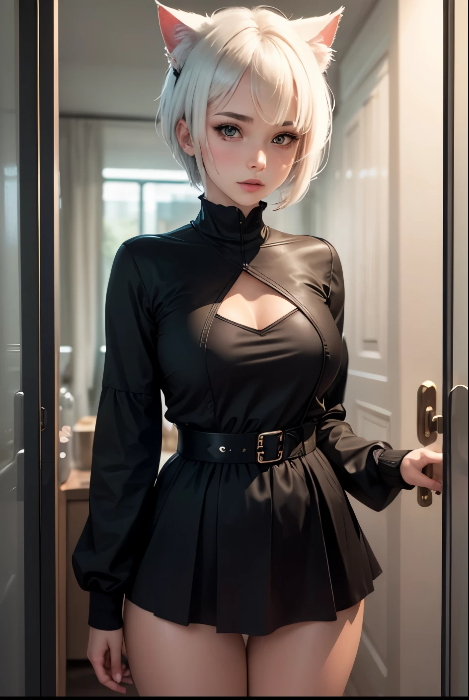 cute girl, girl with short white hair, cat ears, cat tail, white cat, In a cage