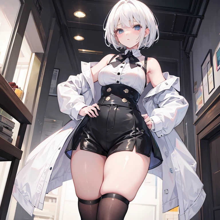 (Satori toho character:1.1), (solo), (standing), (stained glass), BREAK, short hair, (huge perky breasts), bursting breasts, (inconceivably thin waist:1.2), (very long legs), BREAK, (black blazer:1.3), (black thighhighs:1.35), (very short black high-waist skirt:1.3) cinches waist too tight, (highheels), BREAK, nose blush, sad smile, open mouth, BREAK, masterpiece, ultra-detailed, full body