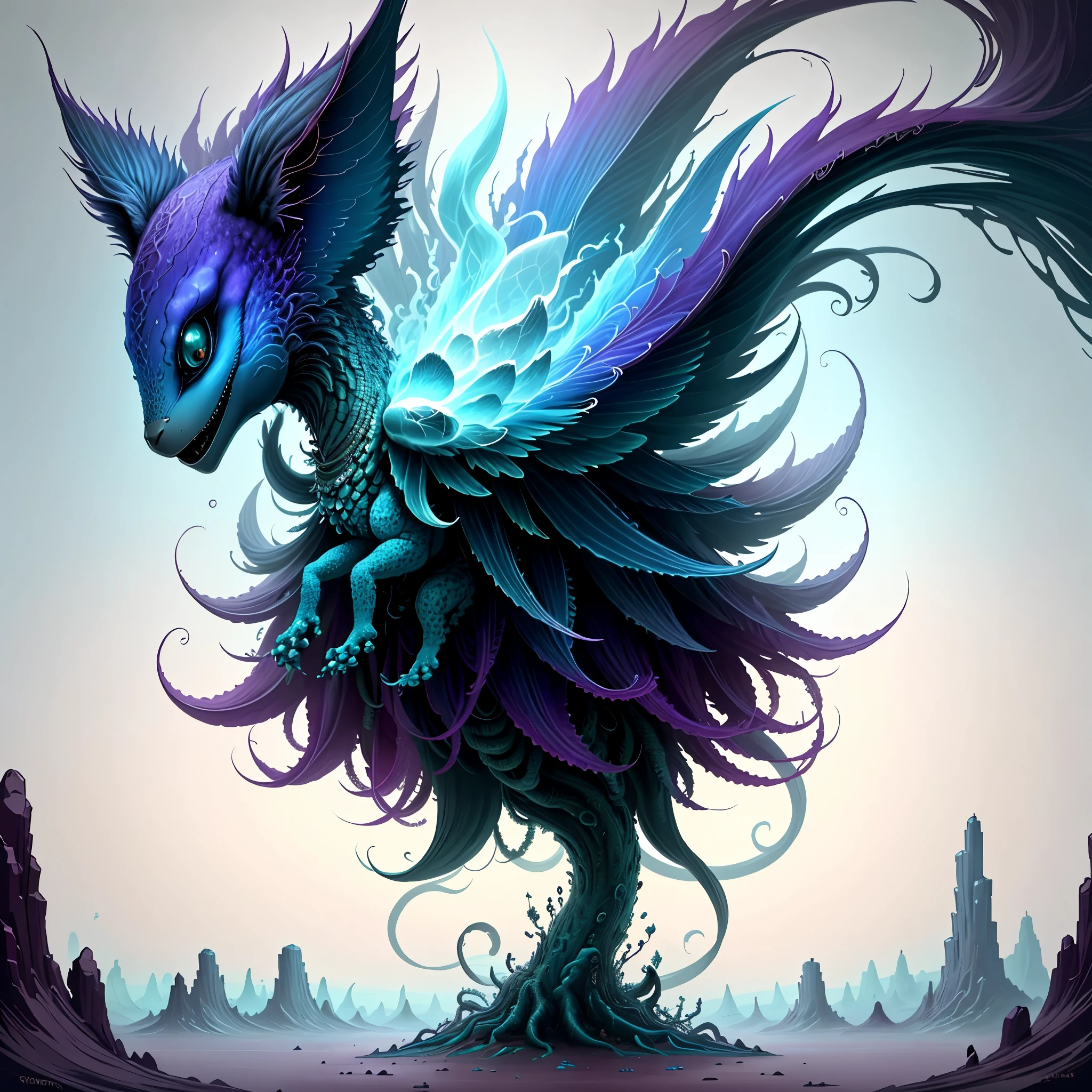 Create an image of a unique creature that exists only in your imagination. Imagine its shape, colors, and textures. Visualize it in a mysterious setting with a beautiful background. Let your imagination come to life on the canvas and bring this mystical creature to life.