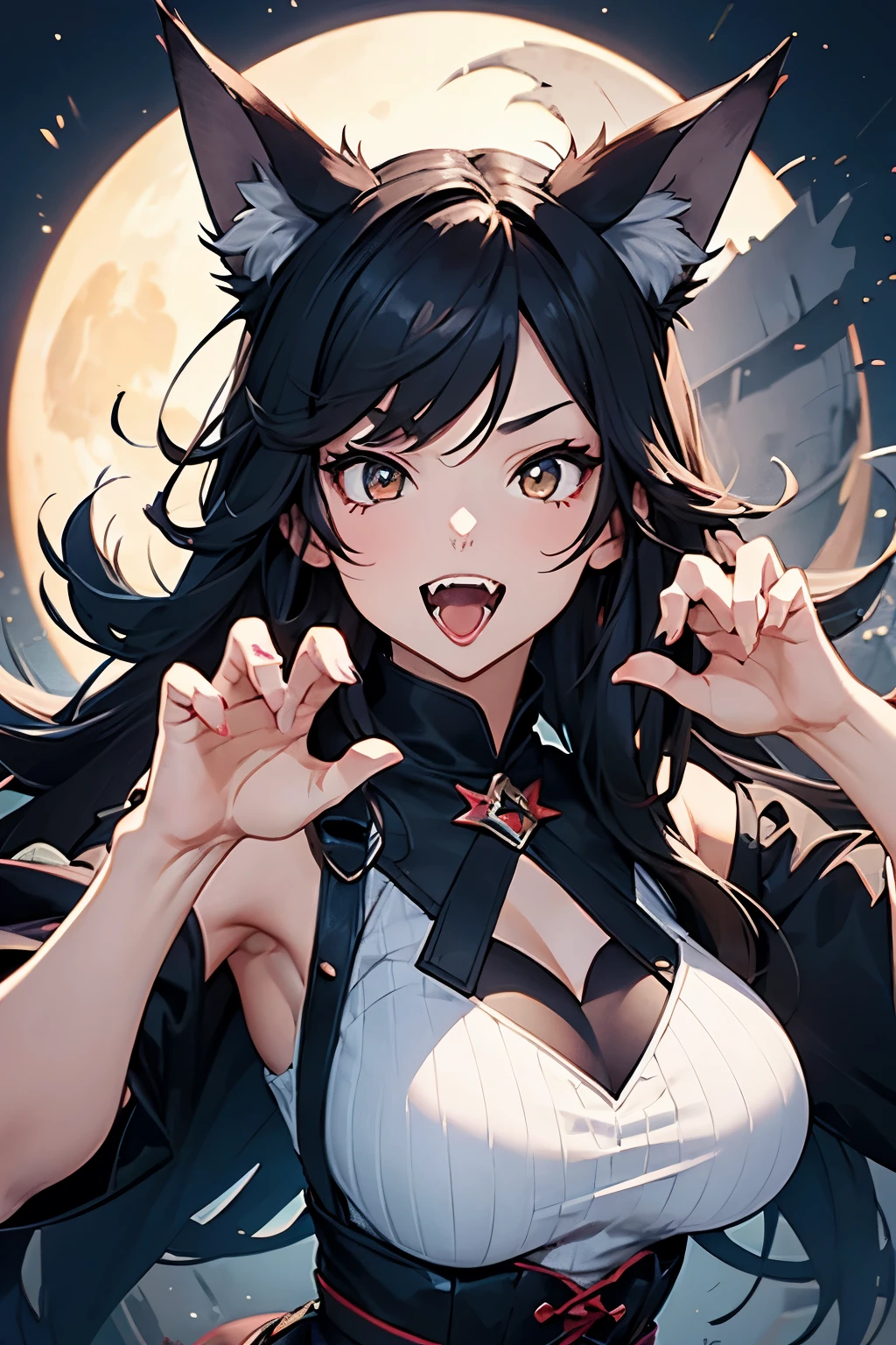 1girl, claw pose, mouth open, fangs, wolf ears, masterpiece, best quality, super detail