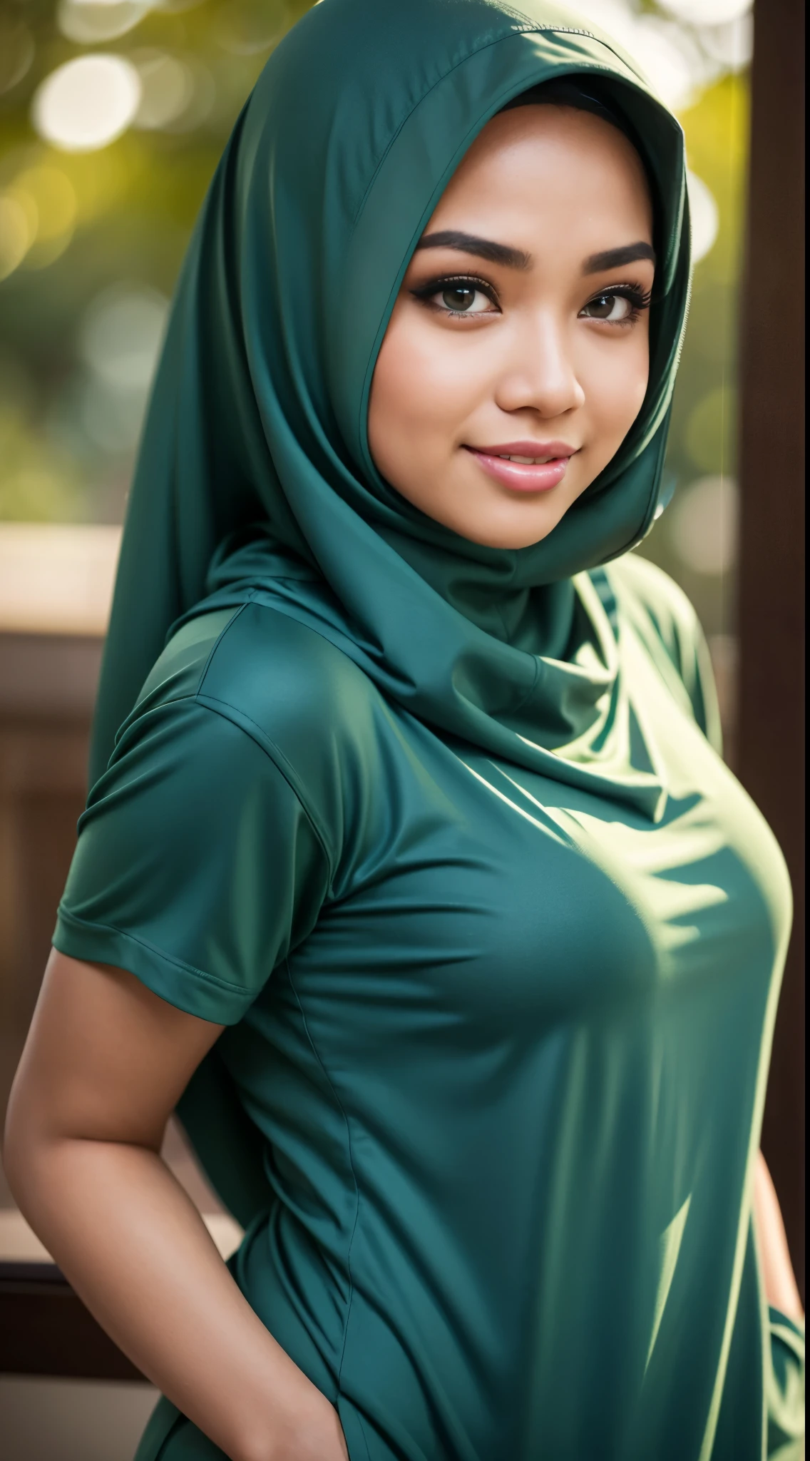 (close up),RAW, Best quality, high resolution, work: 1.3, beautiful Malay woman in hijab, beautiful big eyes, perfect fit body, smiling, beautiful face, shiny lips, soft smile, watery eyes, big breasts, thick thighs, woman wearing black green hodie and pants, hodie, , light blue neoprene, clothes, perfect lighting, background bokeh,