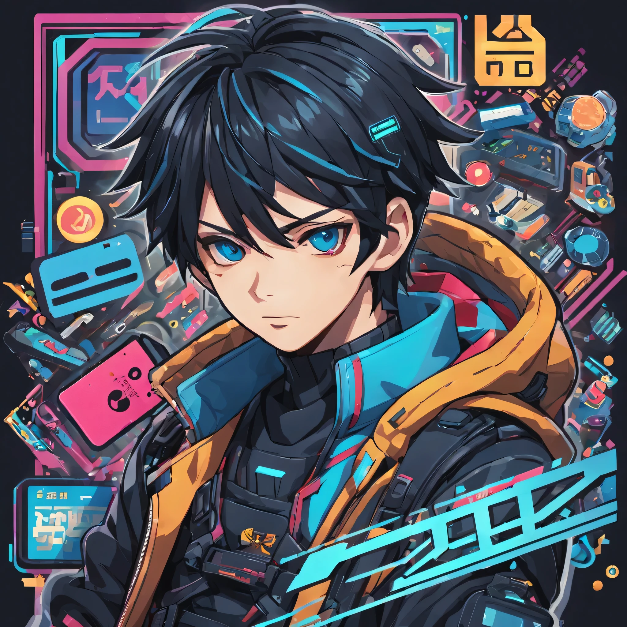 (One sticker,),(3D anime boy),nintendo switch, game card, gaming console, Xbox, (on a circular background), (cyberpunk border), ultra - detailed, Detailed illustration, vectorized, 8K, 专业One sticker设计, Graphic design, vector lines, One sticker, Full-HD