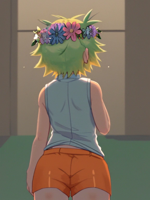 Boy, cute, otoko no kono, blonde hair, head flower, green hair, head wreath, femboy hooters, orange short shorts, from behind, plump ass, ass focus