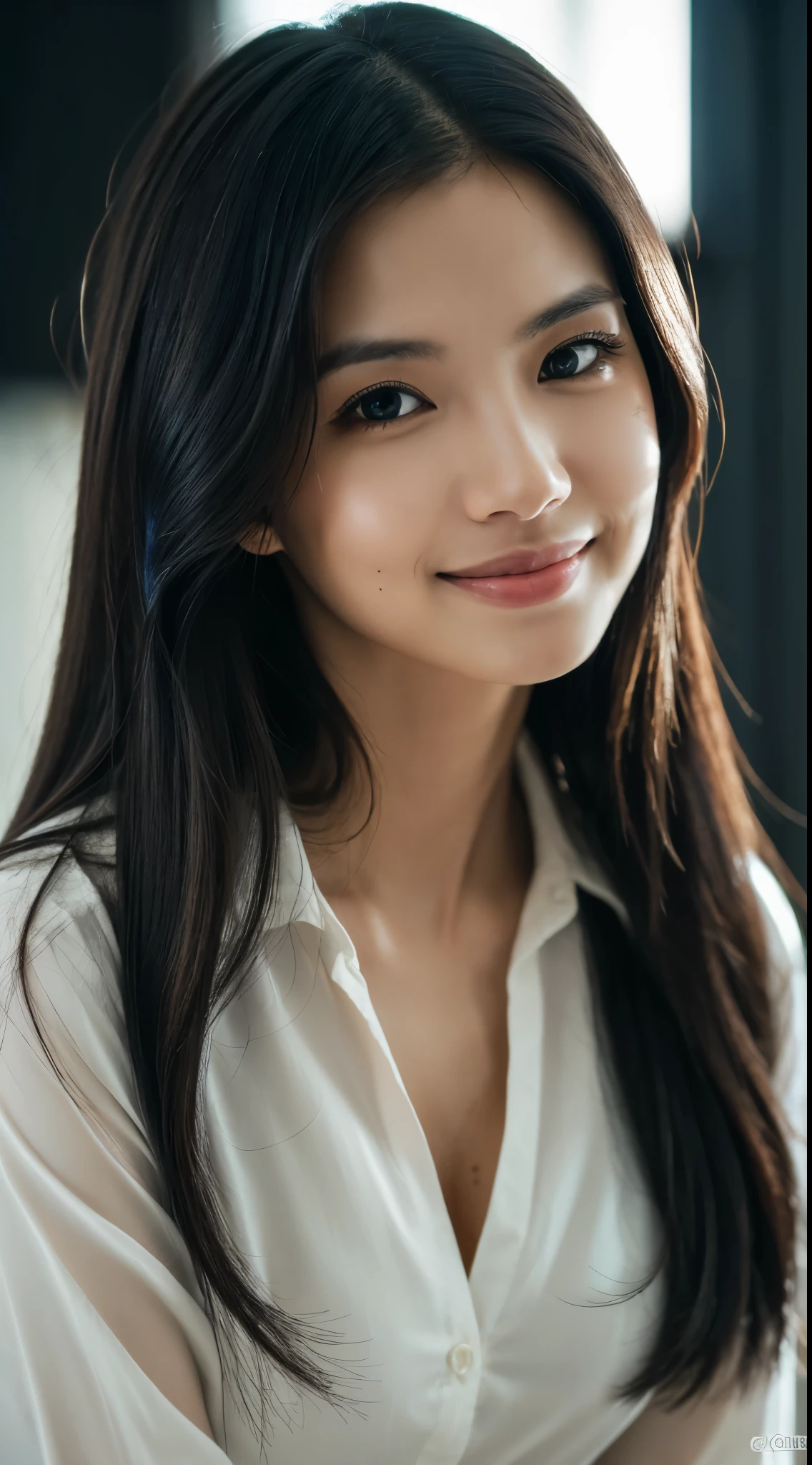 highest quality, epic realistic, ((in the pitch black darkness :1.4)), ((portrait:1.5)),(background: dark ) high contrast ,glorious picture, lowest lux, lighting face, she's comfortable, wearing nothing, , looks incredible, (8k, Raw photo, Highest quality),(epic realistic:1.5), a woman, face,(detailed eyes:0.8),(looking at the camera:1.4), (Highest quality), ( high contrast, deep shadows),Intricate details,cinematic,((skin:1.4)), (long dark hair:1.3), long hair, messy ,(Hdr:1.5),Detailed, colors, Superior quality, Masterpiece, Raw Photo (20-year-old, looking at viewer), beautiful, (wearing plain yellow shirt,), perfect, natural, perfect composition, portrait, perfect face, smiling expression, Captivating eyes, Bright details, Tight lips, (High Skin Detail),, (blue tint: 0.6), (sale: 0.8), (bloody: 0.7), Key lighting , (backlight: 0.5), Medium depth of field, Canon 5d, 50mm lens, f/4 apertures, (Ultra-detailed, Complex detail), sharp focus, soft colors, 8k, Absurd, 80mm, dark background, photography, smiling, pinay, filipina, medium boobs,