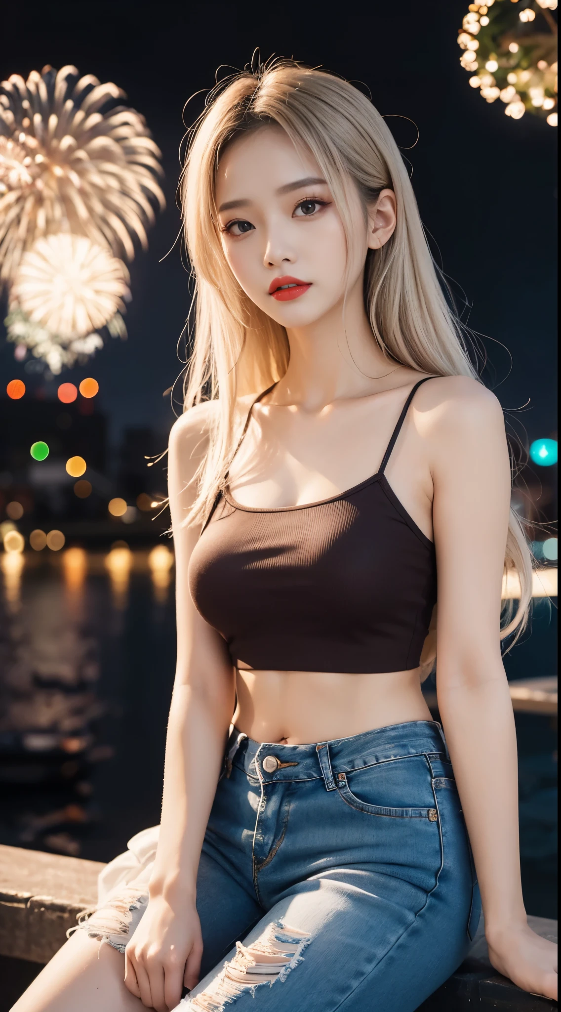 Beautiful Girl, Korean makeup, Platinum hair, thigh, Red lips, crop top, quần thigh jean bó sat, black pants, cảnh quang bên sông, fireworks,