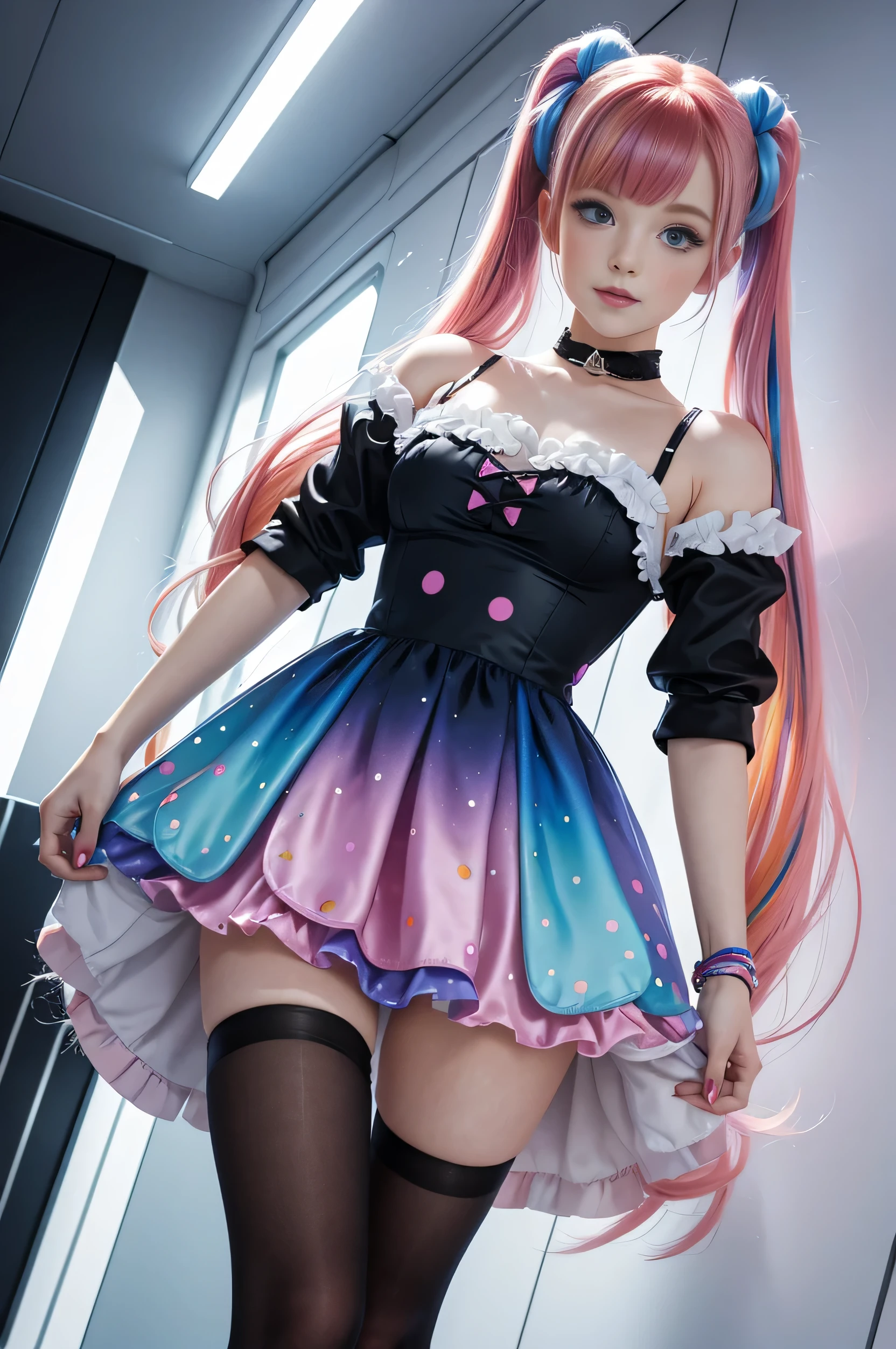 Cute redhead with rainbow colored hair tips, ribbons in her hair, 18-year-old woman, happy, in twin tails, perfect eyes, clear sparkling blue eyes, pale skin, silky smooth skin, standing on a fancy metal luxurious space ship, futuristic corridor, dark warm lighting, wearing a futuristic party dress, pleated (chemise) mini dress (pastel rainbow colors, and polka dots), wearing full body pantyhose, cute short cut booties.