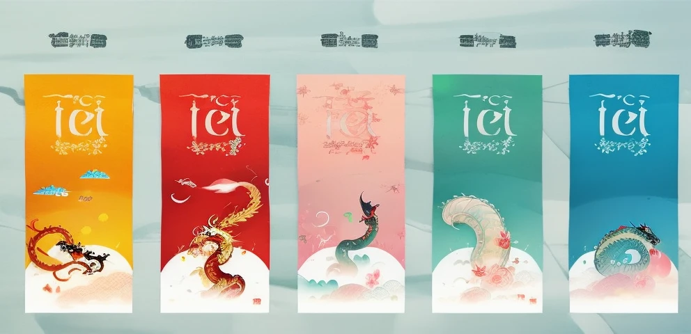 there are four banners with cute dragon animals and vietnamese words on them, 1128x291 resolution, full card design, banners, illustration, dragon theme banner, 🐝👗👾, detailed image, very design, ao dai, by Master MS, (mist), tarot card design, detailed illustration, full - view,