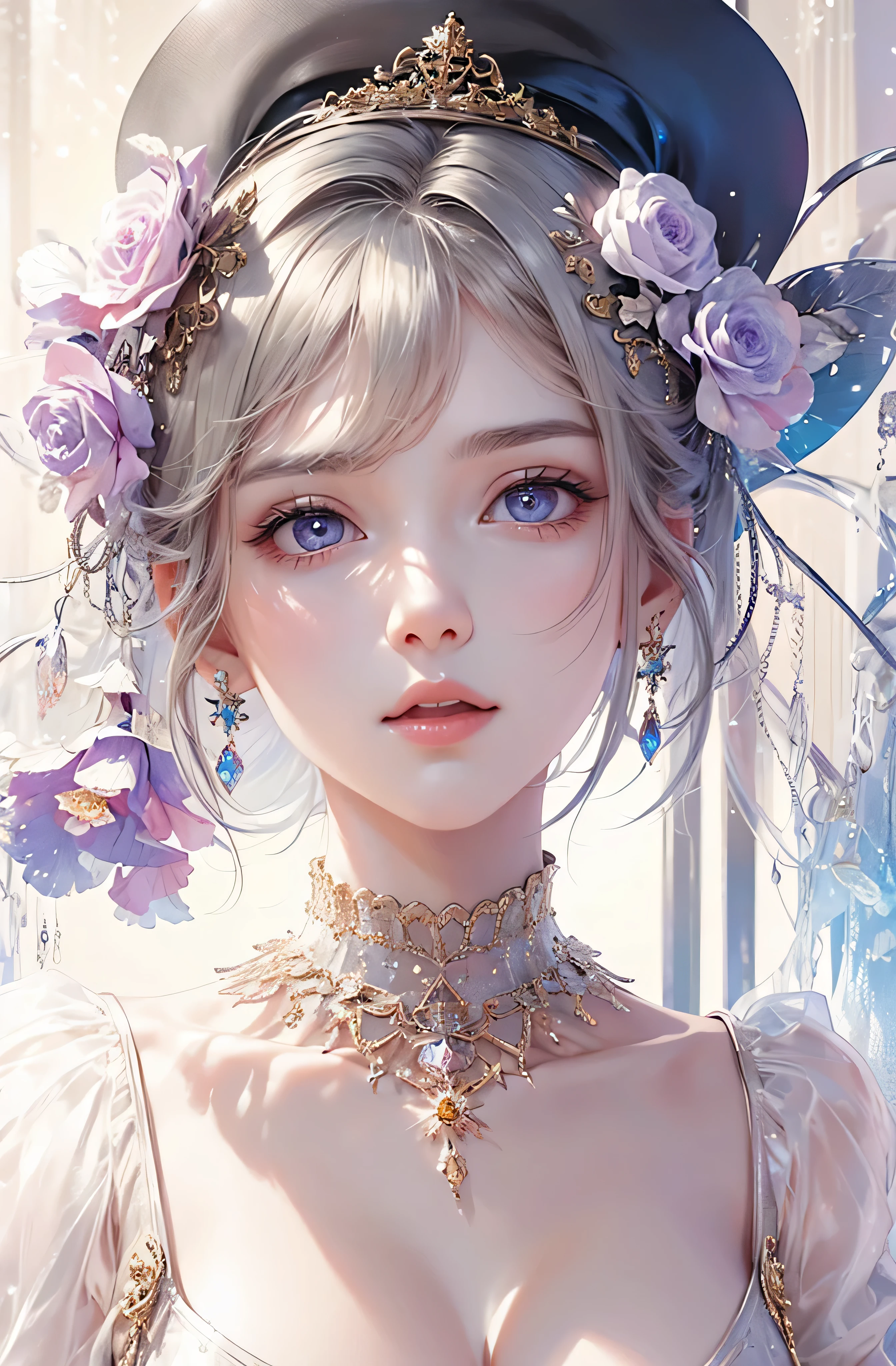 The upper part of the body、The face is front、profile、8K、realphoto、超A high resolution, Master Parts, Best Quality, nffsw , cinematic images,Lovely girl、ann、16 only、annグロサクソン、二重まぶた、drooing eyes、Very big eyes、Eyes purple、Dark eye shadow、The lips are very thin、The tip of the nose stretches beautifully..............................................、the tip of the nose is small,,,,, ighly detailed , Silver hair、Straight short hair、ssmile、 Sweet look 、a very beautiful woman、legs are long、 Very clear shadows , jewely , A sexy , A detailed eye, very intricate, shiny skins , パーフェクトブリリannト, Perfect Lighting, Dramatic shadows、White tiara on head、Gold necklace around the neck、White aristocratic dress with gold embroidery、