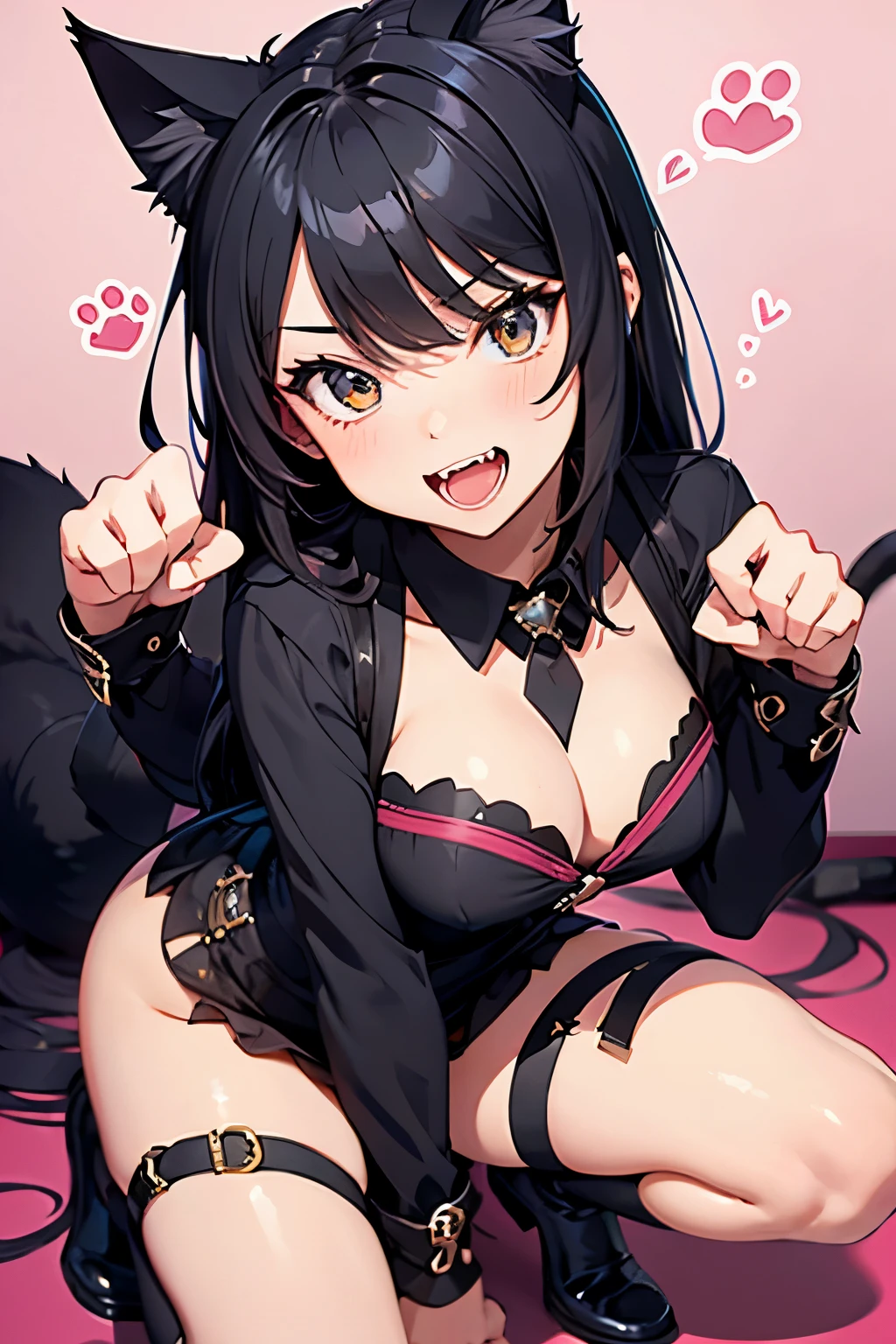 1girl, paw pose, mouth open, fangs, cat ears, masterpiece, best quality, super detail