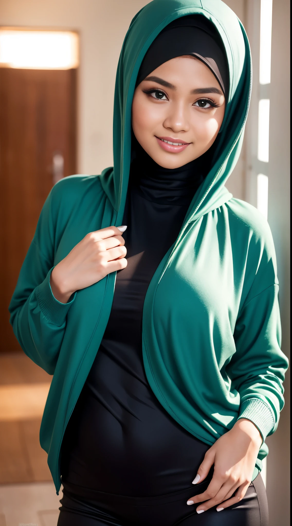 (close up),RAW, Best quality, high resolution, work: 1.3, beautiful Malay woman in hijab, beautiful big eyes, perfect fit body, smiling, beautiful face, shiny lips, soft smile, watery eyes, big breasts, thick thighs, woman wearing black green hodie and pants, hodie, , light blue neoprene, clothes, perfect lighting, background bokeh,