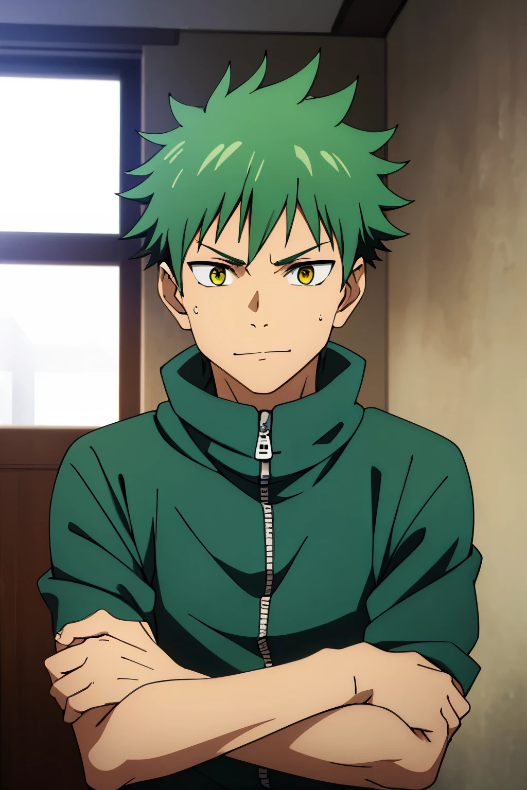 1boy, green hair, yellow eyes, short haircut, spiked hair, messy bangs, jacket, smirk,