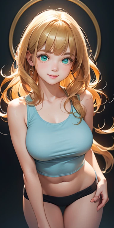 , very long gold hair,blunt bangs:1.5,messy hair:1.5, (photorealistic:1.4), (masterpiece, sidelights, exquisite beautiful eyes: 1.5), masterpieceportrait, realistic, 3D face,,kawaii face,front view: 1.5、 (glowing green eyes:1.2),plump face:1.5,(tareme:1.5)、(happy:1.5),Rosy Mouth,Slim Body,abs, shiny hair, shiny skin: 1.5、large breasts:1.3,solo,(stand)、(cutout between underboob and Tank top)、(charactor focus:1.5、portrait)、cowboy shot