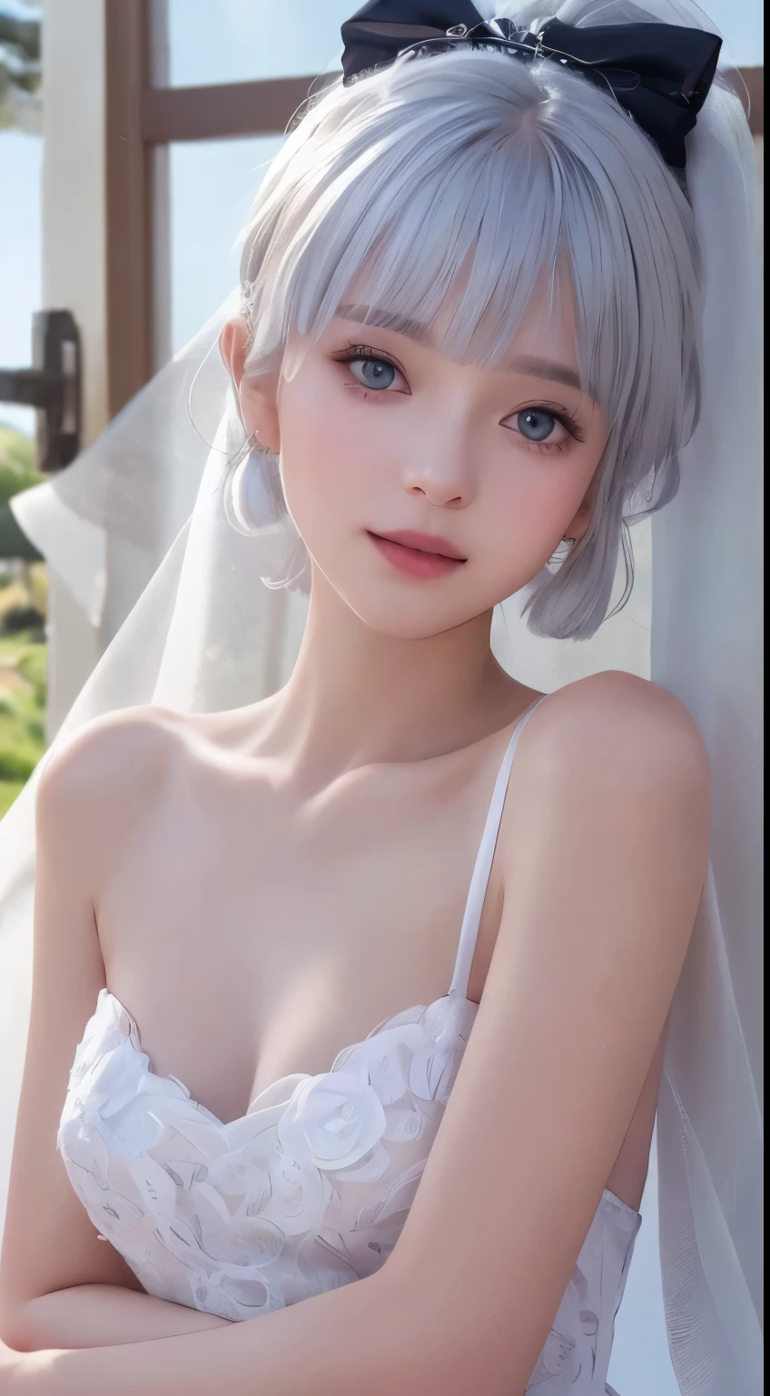 Gorgeous portrait of the most beautiful young woman in the world，skyblue eyes，white color hair，Long gray hair，high ponytails，Pink hair accessories，White veil，Wearing a white embroidered dress，Open your mouth slightly，looking at you，gentle face，ssmile，lock focus，Surreal skin，detailed，A high resolution，Shot with Canon EOS R7，wide angles，Perfect natural light，Head and torso，fragile skin，flawless perfection，full-body portraits