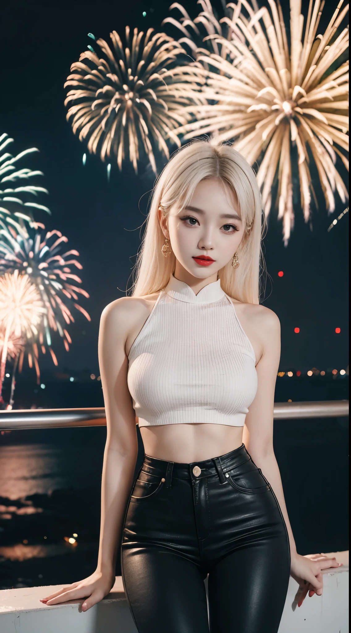 Beautiful Girl, Korean makeup, Platinum hair, thigh, Red lips, crop top, quần thigh jean bó sat, black pants, cảnh quang bên sông, fireworks,