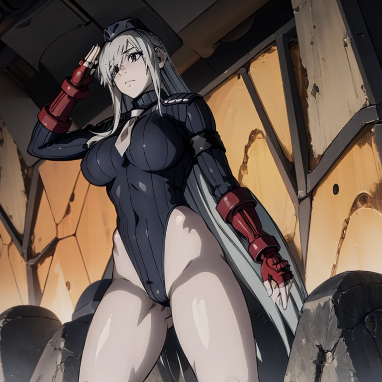 ultra-detailed, Explicit, Beautiful body, Beautiful Nose, Beautiful character design, perfect eyes, perfect face, ultra highres, 4K, beautiful legs, perfect legs, Nice hands, Perfect hand, Masterpiece, Best Quality, Highly detailed, illustration, absurdres, street fighter, doll suit, shadaloo doll, dollsuit, expressionless, blank eyes, looking at viewer, red gloves, emotionless, black latex, corrution, mind control, female combatant, full body, hypnotized, unhappy trance, full body suit, ribbed bodysuit, both arms at side, obey, perfect female body, extremely glossy latex, hypnosis, hypnoLora, empty eyes, Mind control device, poses, submissive_pose, Slave, hat, necktie, stand up straight, standing, standing at attention, hat, necktie, belt, latex, ribbed bodysuit, thighhighs, garter belt, Fighting Stance, extending the right arm from the shoulder into the air with a straightened hand, nazi saluting, military, military saluting, salute, thigh boots, 1girl, White Blood Cell, Cells at Work! CODE BLACK, white hair, white hair, white body, white eyes, long hair
