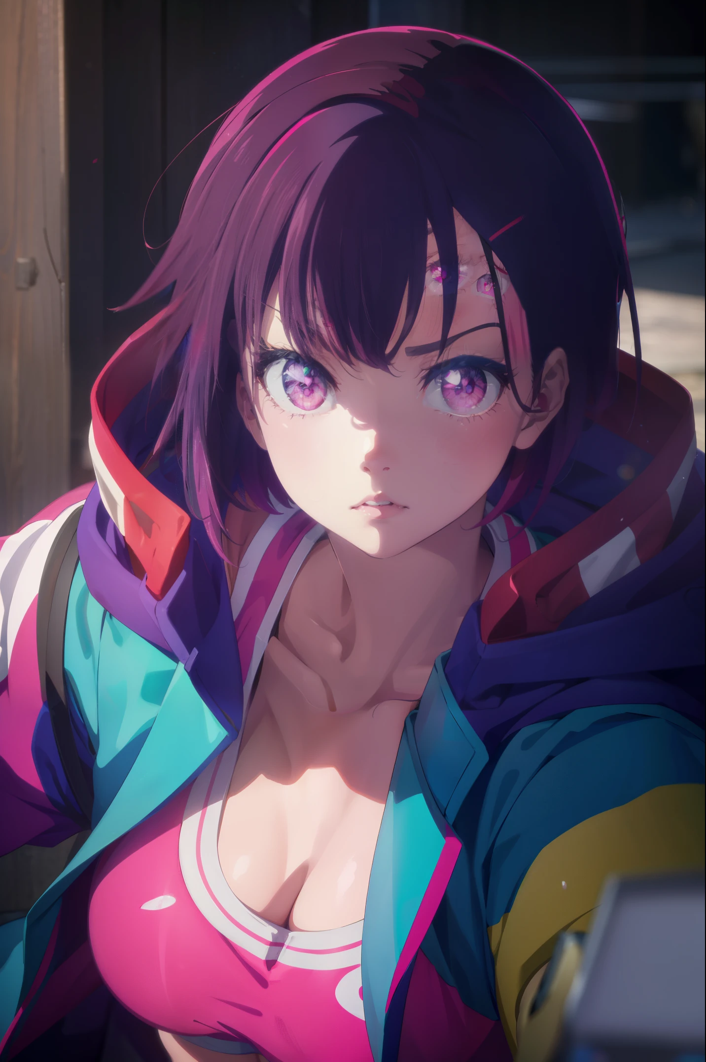 shizukamikazuki, shizuka mikazuki, short hair, purple hair, hair ornament, hairclip, (pink eyes:1.5), swept bangs,
BREAK navel, cleavage, jacket, open clothes, midriff, hood, open jacket, blue jacket, hooded jacket, sports bra, hood down,
BREAK looking at viewer,
BREAK outdoors,
BREAK (masterpiece:1.2), best quality, high resolution, unity 8k wallpaper, (illustration:0.8), (beautiful detailed eyes:1.6), extremely detailed face, perfect lighting, extremely detailed CG, (perfect hands, perfect anatomy),