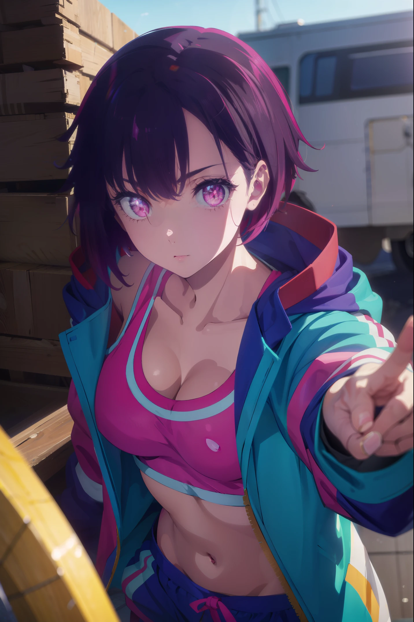 shizukamikazuki, shizuka mikazuki, short hair, purple hair, hair ornament, hairclip, (pink eyes:1.5), swept bangs,
BREAK navel, cleavage, jacket, open clothes, midriff, hood, open jacket, blue jacket, hooded jacket, sports bra, hood down,
BREAK looking at viewer,
BREAK outdoors,
BREAK (masterpiece:1.2), best quality, high resolution, unity 8k wallpaper, (illustration:0.8), (beautiful detailed eyes:1.6), extremely detailed face, perfect lighting, extremely detailed CG, (perfect hands, perfect anatomy),