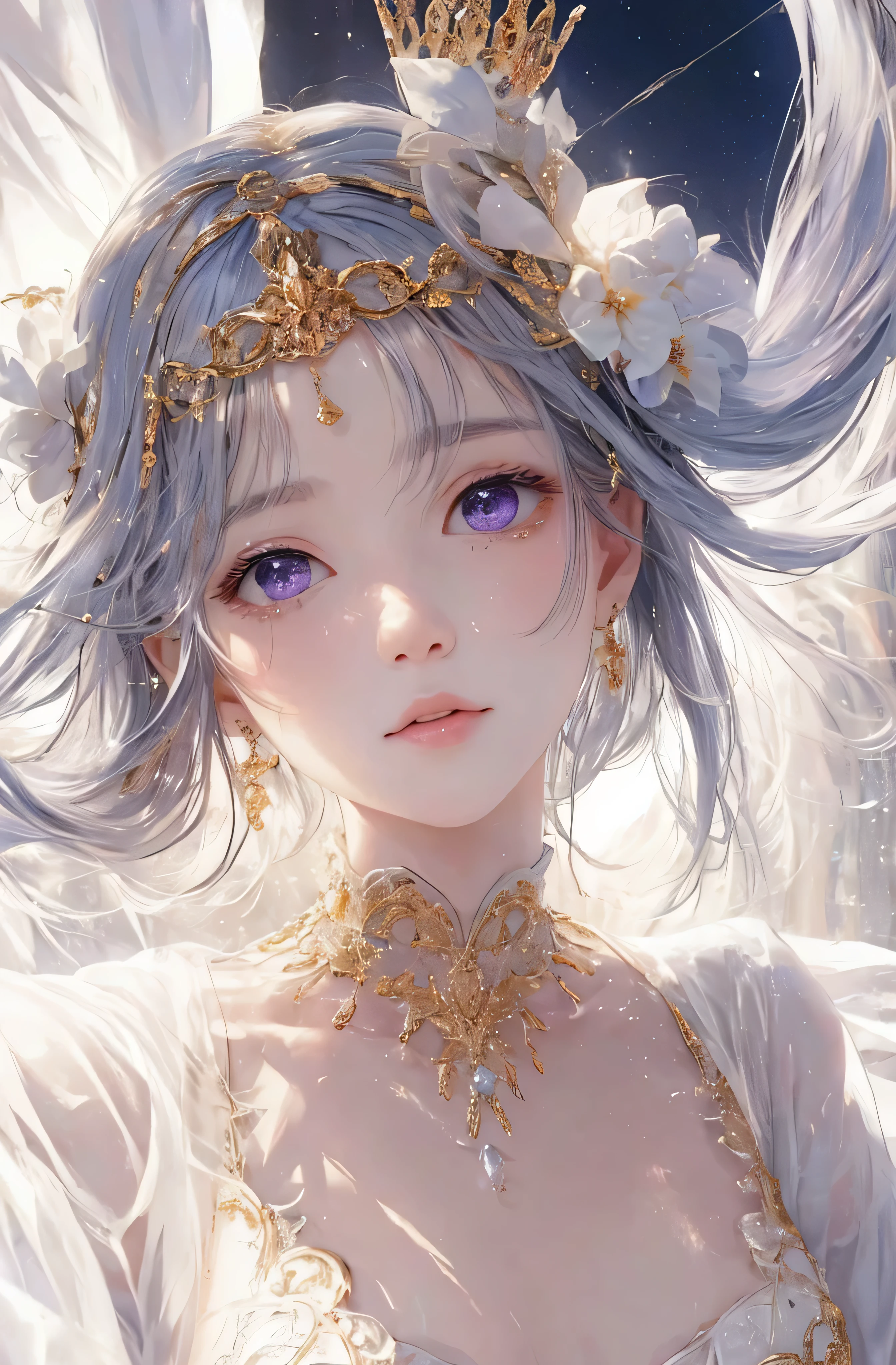 Upper part of the body、The face is front、contours、8K、real photograph、超高分辨率, main project, Best quality, north african free trade area , Movie images,Cute girls、Quiet、Limited to 16 people、Quietグロサクソン、二重まぶた、Teary eyes、The eyes are large、eyes purple、Dark eyeshadow、with very thin lips、The tip of the nose is covered with light.............................................、Small tip of nose,,,,, The content is very detailed , silber hair、short-length straighthair、ssmile、 Sweet look 、a very beautiful woman、The legs are long、 very clear shadows , jewely , an sexy , 詳細な目, very intricate, shiny skins , パーフェクトブリリQuietト, perfect litthing, Dramatic shadows、Wears a white crown on his head、Gold necklace around the neck、golden white coat、