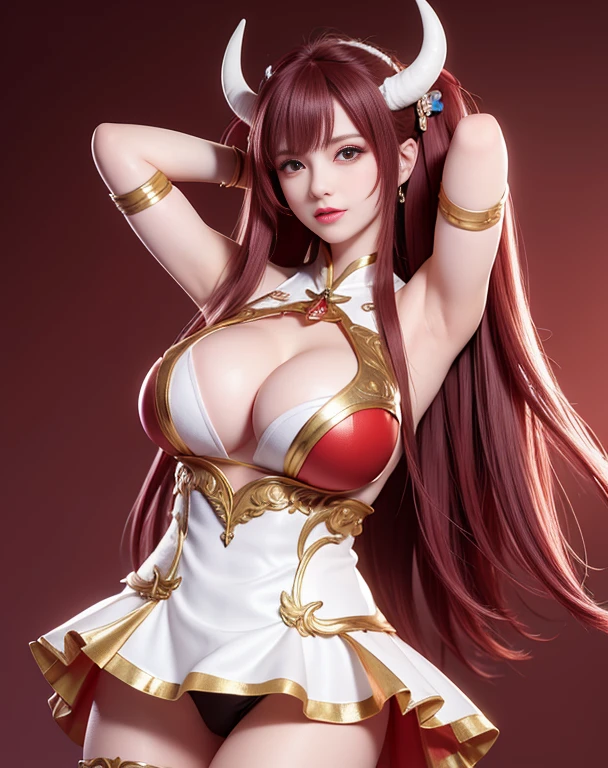 (masterpiece),(best quality),ultra detailed,1girl, armpits, arms behind head, arms up, bangs, cleavage, dakimakura \(medium\), demon horns, detached collar, dress, elbow gloves, fur trim, gloves, hair between eyes, horns, (), long hair, looking at viewer, lying, multicolored hair, navel, official alternate costume, on back, parted lips, pelvic curtain, red hair, , solo, streaked hair, thighhighs, thighs, two-tone hair, very long hair, white hair, yellow eyes,shiny skin,spring-aegir,mature female,;o