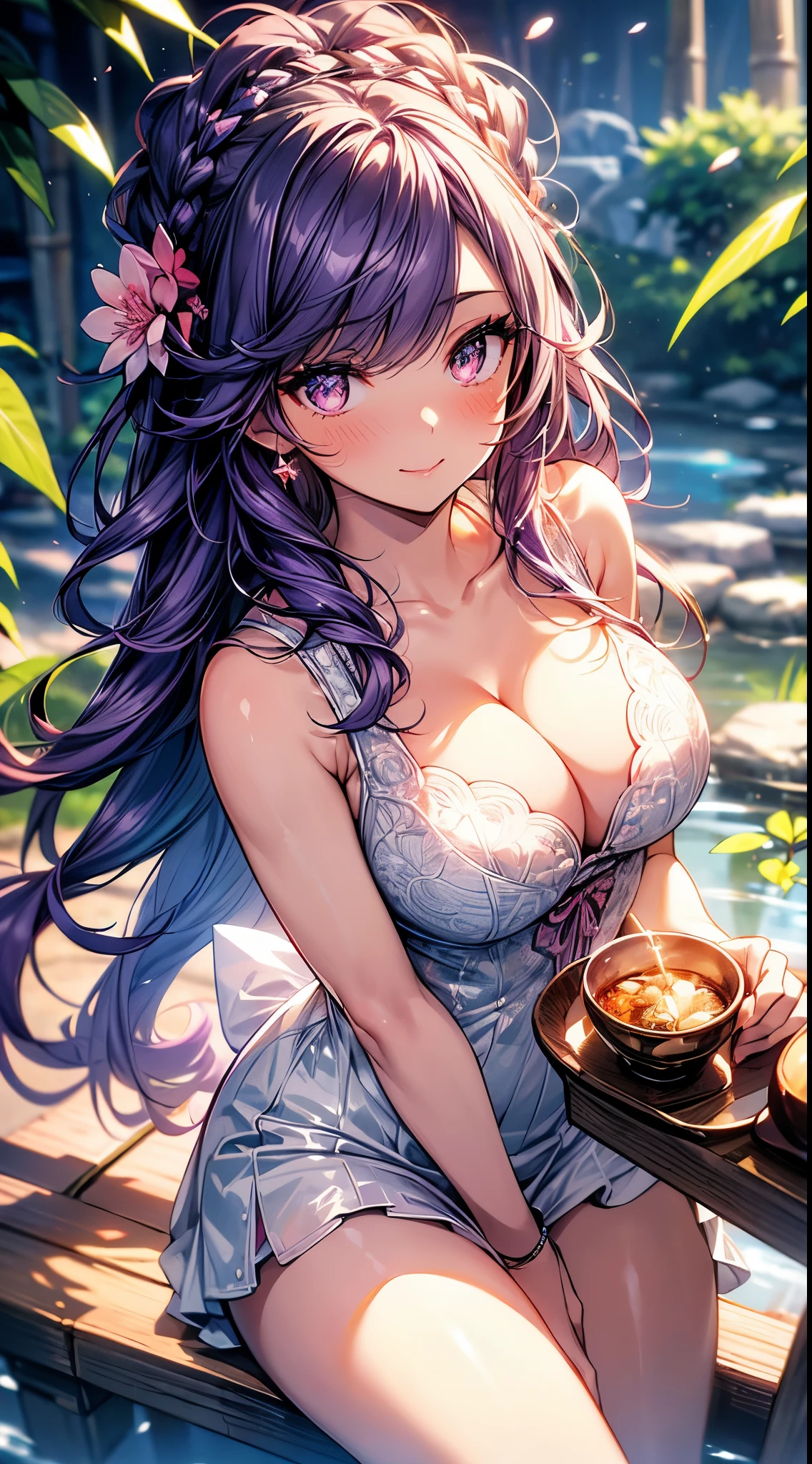 (overhead view), mature woman, 1girl, (masterpiece, best quality, ultra-detailed), sharp focus, detailed face, face focus, extremely detailed eyes, long hair, crown braid, hair over shoulder, (silvery-purple hair:1.3), purple eyes, (glitter eyes:1.2), long eyelashes, (heavy blush, drunk:1.2), delicate makeup, big breasts, ((pink and white intricate dress, bare shoulders, cleavage)), ((twilight, holding diamond shard, exploring, bamboo shoots background, grass, green particles surrounds, tranquil pond, cherry blossom backdrop, breeze)), cinematic lighting, rim lightning, ray tracing, shadowing, dynamic angle