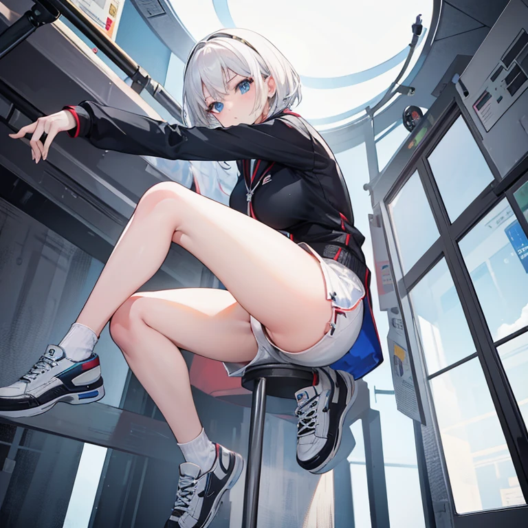 Best Quality, Master piece, art, White hair girl, short hair, thick thighs, stockings, shorts