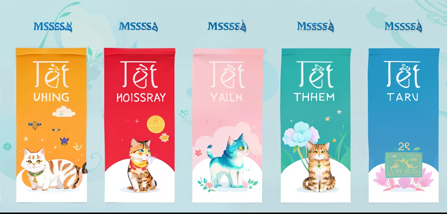 there are four banners with different animals and words on them, 1128x191 resolution, full card design, banners,  illustration, cat theme banner, 🐝👗👾, detailed image, very design, by Master MS, ao dai, (mist), tarot card design, detailed illustration, full - view, do hoang tuong artwork