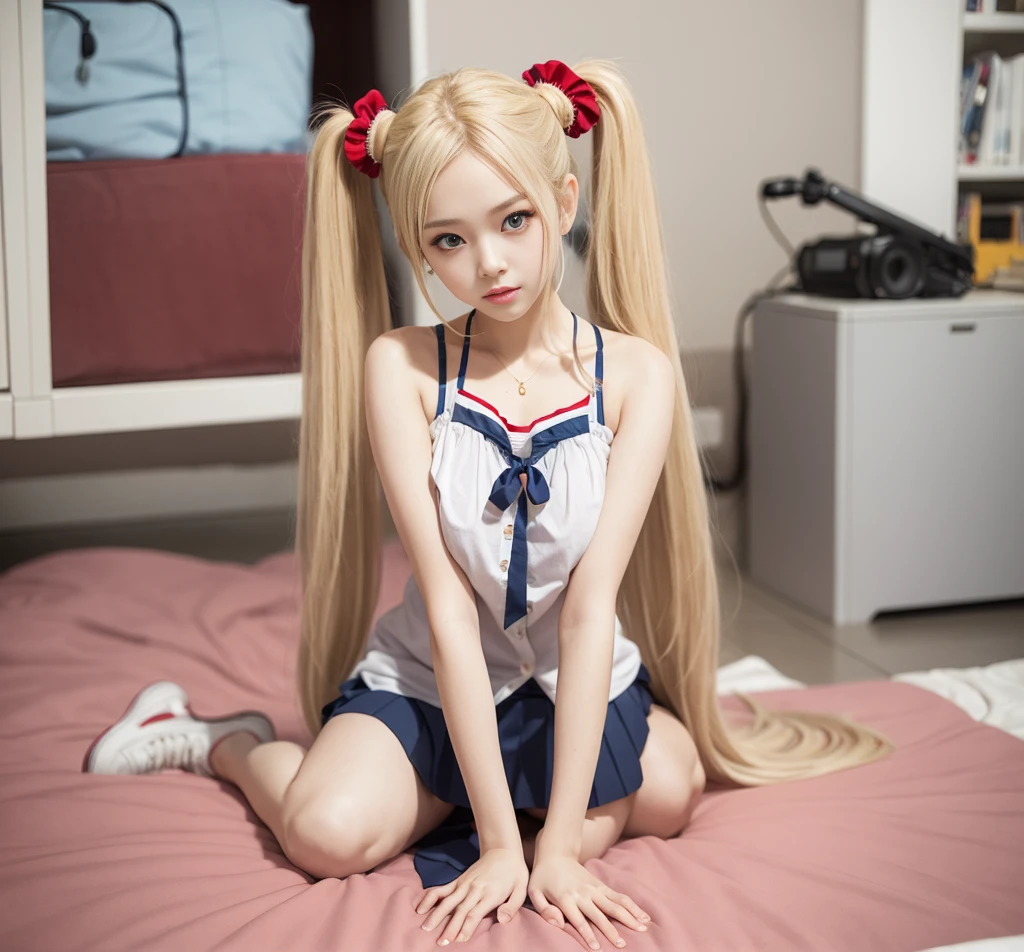 （8K、Raw photography、top-quality、​masterpiece：1.2),Bullish,Muchimuchi,Erotic,masterpiece,top-quality、超A high resolution,Raw photo,ren,Beautiful fece,One Person, 独奏,blonde_hair, blue eyes, twintails, very_long_hair, hair_ornament red, hair_scrunchie red, big_breasts,akizuki airi, blonde_hair, blue eyes, twintails, very_long_hair, hair_ornament red, hair_scrunchie red, big_breasts, fullllbody,hi-school girl,is standing,（Photorealsitic：1.37）、Photon mapping,Realistic、Cute little face、Radio City、Physically Based Rendering、Foreground、depth of fields、Blurry background、a picture,The girls、Body,beauty legs, Long legs, Thin leg,