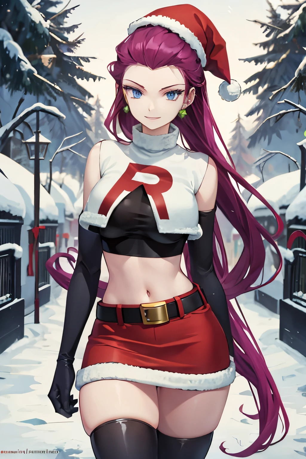 jessie pokemon, solo, team rocket, green gloves, hair slicked back, long hair, jewelry, skirt, navel, thighhighs, earrings, elbow gloves, team rocket uniform, crop top, blue eyes, midriff, white background, belt, black gloves, very long hair, background, smile, black thighhighs, purple hair, looking at viewer, breasts, red skirt, miniskirt, Christmas tree, Christmas hat, Christmas clothing, snow falling on street, lights, wide hips, thick thighs, outdoors, trees