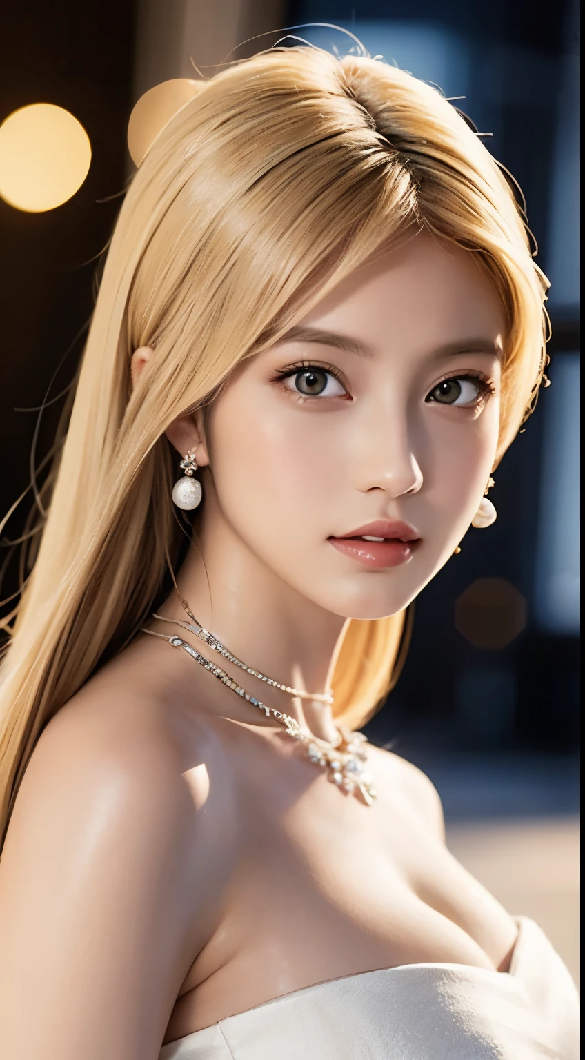 Women in Europe and America, fashion modell, Wearing a white dress, Glamour, Paparazzi taking pictures of her, Blonde hair, Brown eyes, 8K, High quality, masutepiece, Best Quality, hard disk, Extremely detailed, voluminetric lighting, Photorealistic