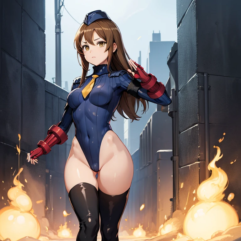 ultra-detailed, Explicit, Beautiful body, Beautiful Nose, Beautiful character design, perfect eyes, perfect face, ultra highres, 4K, beautiful legs, perfect legs, Nice hands, Perfect hand, Masterpiece, Best Quality, Highly detailed, illustration, absurdres, street fighter, doll suit, shadaloo doll, dollsuit, expressionless, blank eyes, looking at viewer, red gloves, emotionless, black latex, corrution, mind control, female combatant, full body, hypnotized, unhappy trance, full body suit, ribbed bodysuit, both arms at side, obey, perfect female body, extremely glossy latex, hypnosis, hypnoLora, empty eyes, Mind control device, poses, submissive_pose, Slave, hat, necktie, stand up straight, standing, standing at attention, hat, necktie, belt, latex, ribbed bodysuit, thighhighs, garter belt, Fighting Stance, extending the right arm from the shoulder into the air with a straightened hand, nazi saluting, military, military saluting, salute, thigh boots, 1girl, Platelet, Cells at Work, brown hair, yellow eyes, long hair, kid