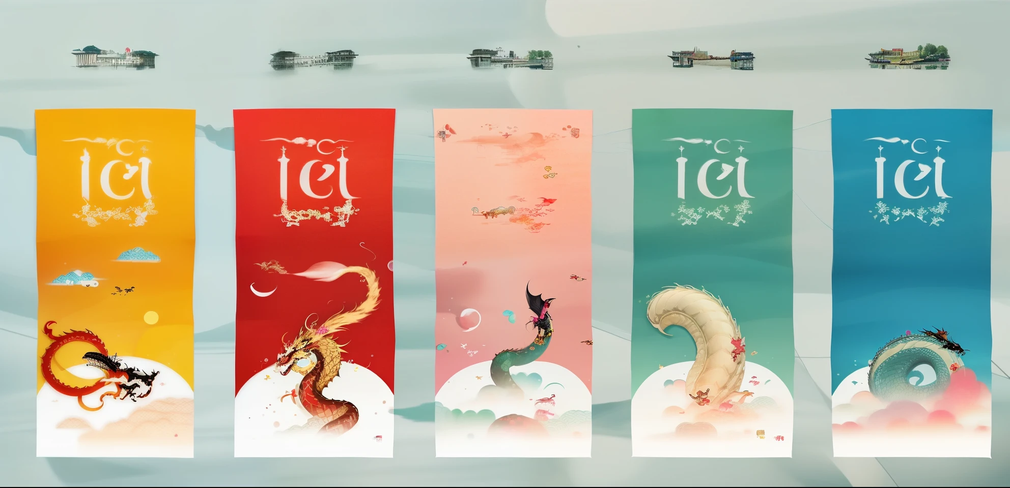 there are four banners with cute dragon animals and vietnamese words on them, 1128x291 resolution, full card design, banners, illustration, dragon theme banner, 🐝👗👾, detailed image, very design, ao dai, by Master MS, (mist), tarot card design, detailed illustration, full - view,