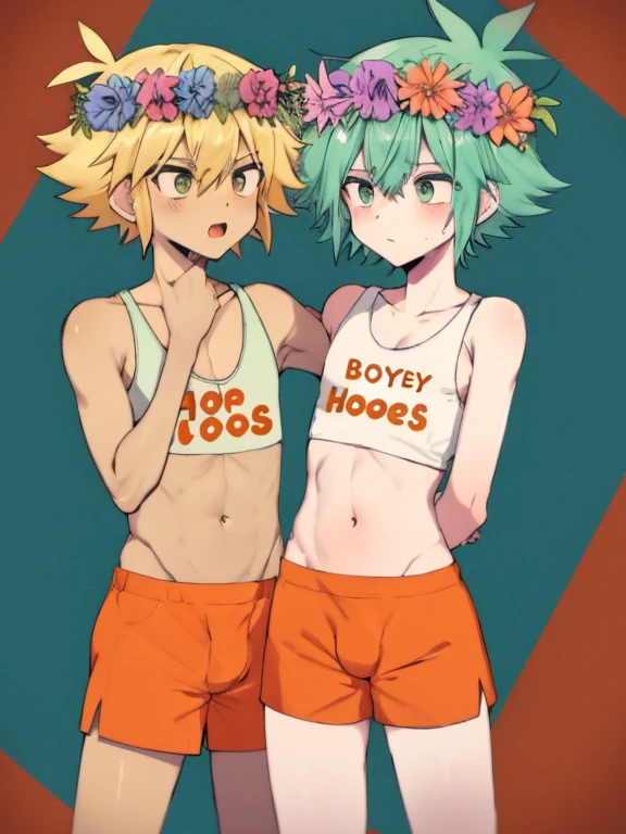 Boy, cute, otoko no kono, blonde hair, head flower, green hair, head wreath, femboy hooters, orange short shorts, bulge, flat chest, femboy hooters crop top