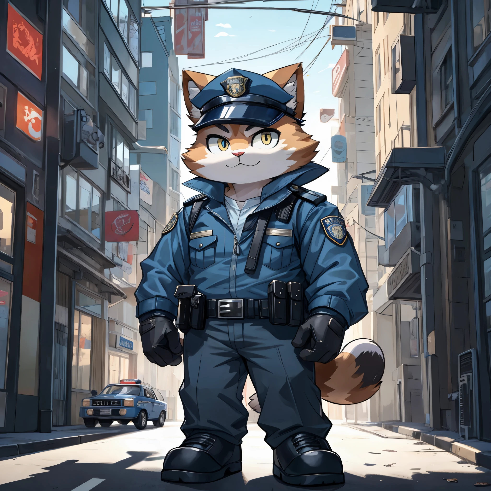Cat wearing police uniform, standing, beside police car, stunning style